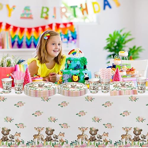 Miniatura 5 de APOWBLS Decoraciones de baby shower de animales del bosque para niñas vajilla de cumpleaños del bosque suministros de fiesta platos de cena plato de