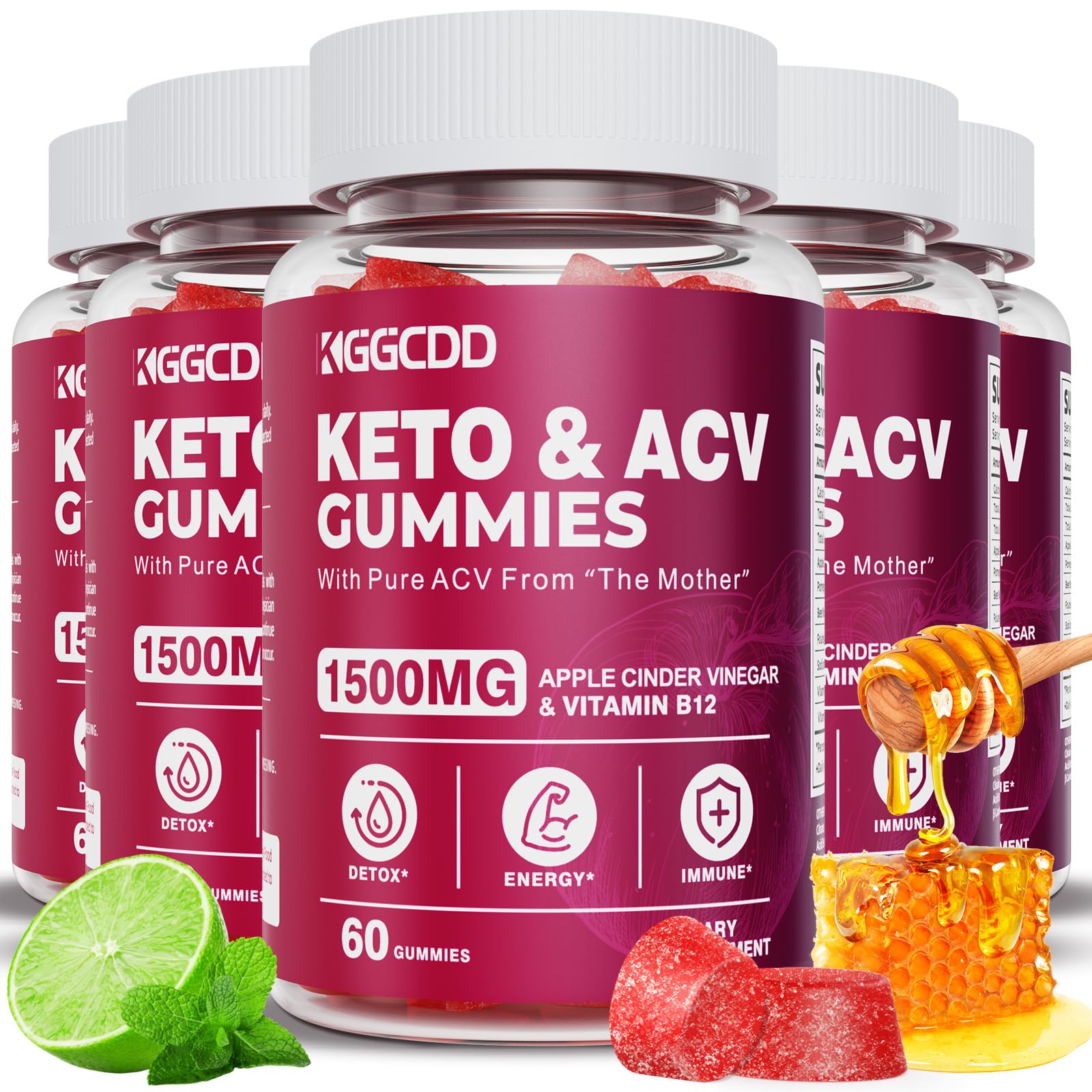 (5 Pack) Keto ACV Gummies Extreme1500MG Keto Gummies Apple Cider Vinegar Formulated with Pomegranate Beet Juice Powder B12 Vegan Non GMO 300 Gummies