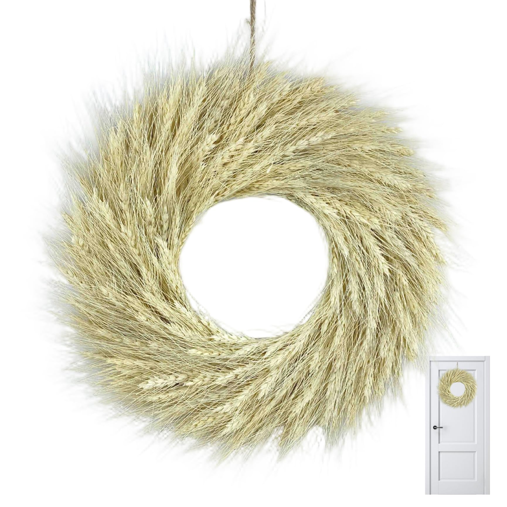 CAKEEYUM Pampas Grass Wreath Artificial Dried Wheat Door Wreath 15.7" Harvest Fall Decor for Farmhouse Indoor Outdoor Window Wall Wheat, Pampas, Fall, Dried Flower, Gr