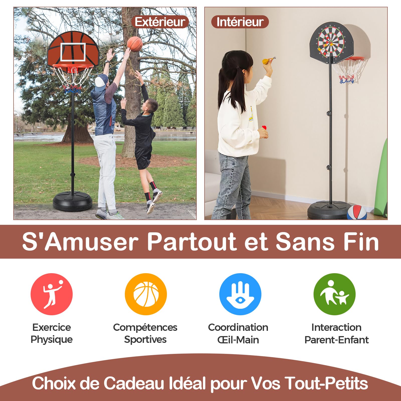 GYMAX 2-en-1 Panier Basket Enfants 3-10 Ans, avec Cible de Fléchettes, Hauteur Réglable 96/146cm, Base Remplissable Stable, 6 Fléchettes, pour Intérieur et Extérieur, pour Garçons et Filles