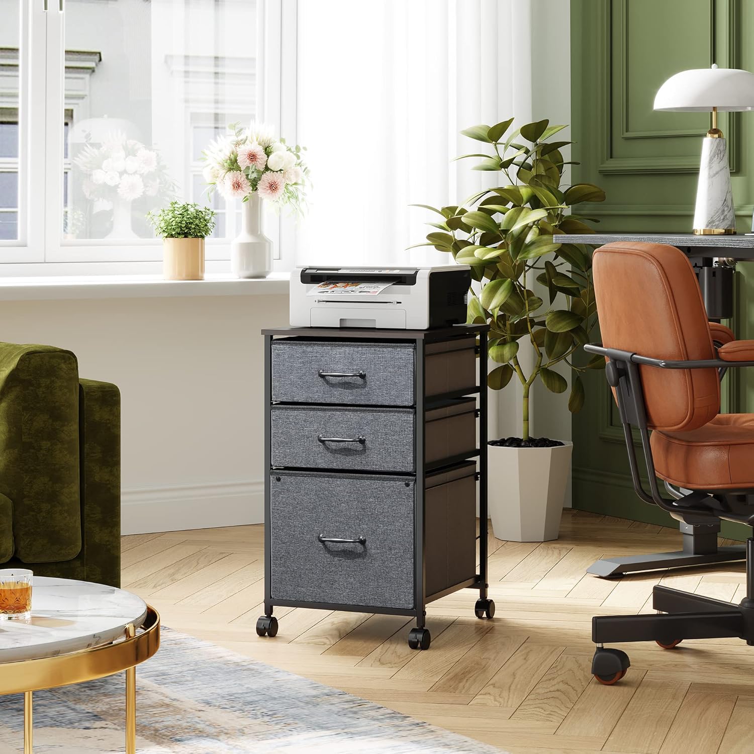 DEVAISE Mobile File Cabinet, Rolling Printer Stand with 3 Drawers, Fabric Vertical Filing Cabinet fits A4 or Letter Size for Home Office, Rustic Brown : Office Products