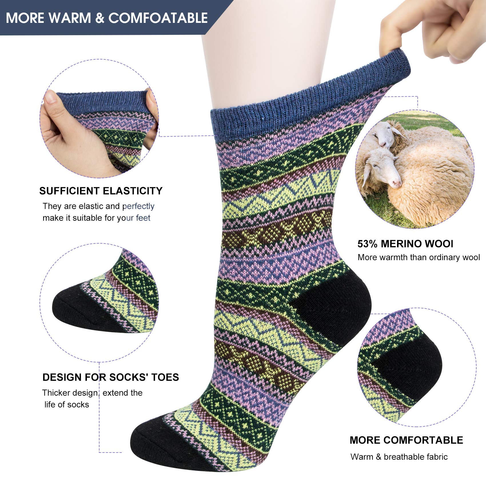 Justay 5paires Chaussettes Femme en Laine Mérinos Chaude Douce pour Hiver, Chaussette Épaisse Unisexe Multicolore (Vert, brun, bleu, orange, blanc cassé)