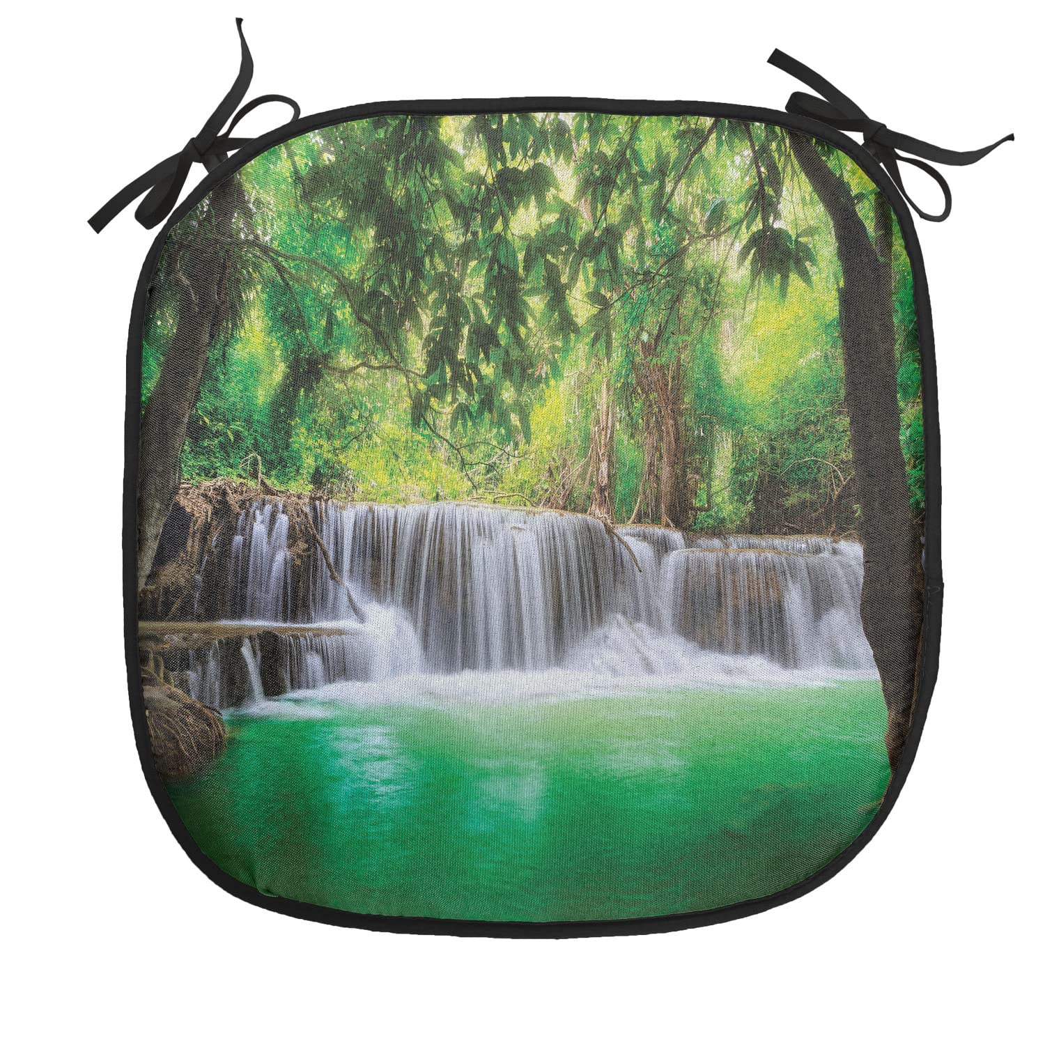 Lunarable Waterfall Chair Cushion Pads Set of 4, Waterfall in Tropical Forest Trees Thailand Kanjanaburi Sunny Day Image, Anti-Slip Seat Padding for Kitchen & Patio, 16"x16", Green Brown White - Image 2