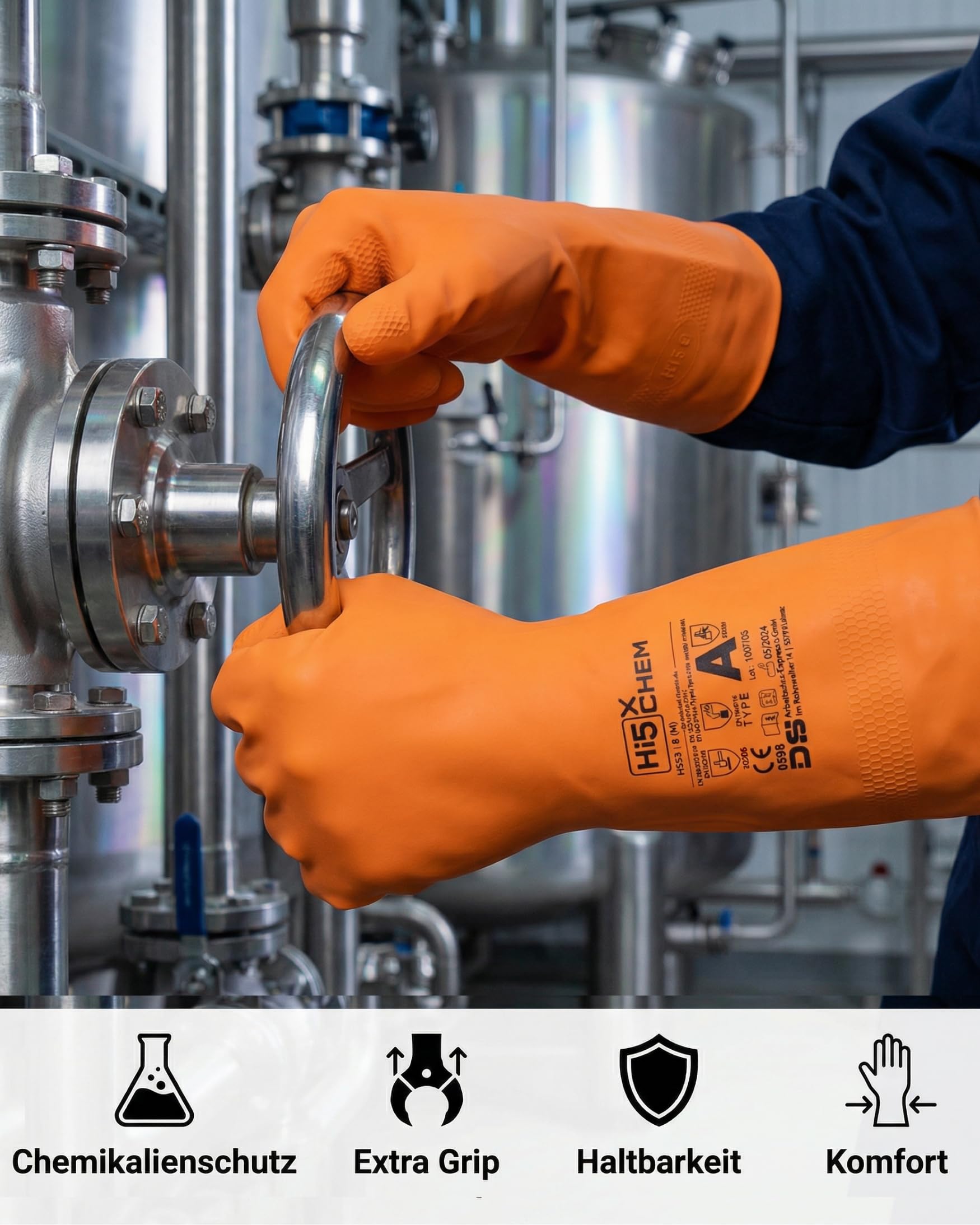 Hi5 X-Chem Chemikalienschutzhandschuhe Typ A – AKLMNPST – Naturkautschuk 0,70 mm – flockgefüttert – Anti-Rutsch – EN 374–1 Typ A & EN 388 – orange (XXL, 12, stück)
