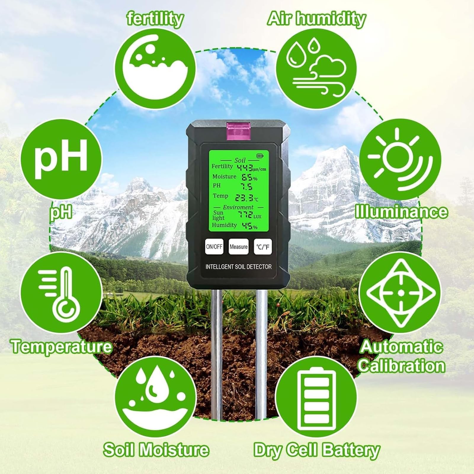 Medidor de humedad del suelo: mide el pH, la humedad, la fertilidad, la temperatura y la intensidad de la luz solar con pantalla LCD retroiluminada para jardinería y plantas al aire libre