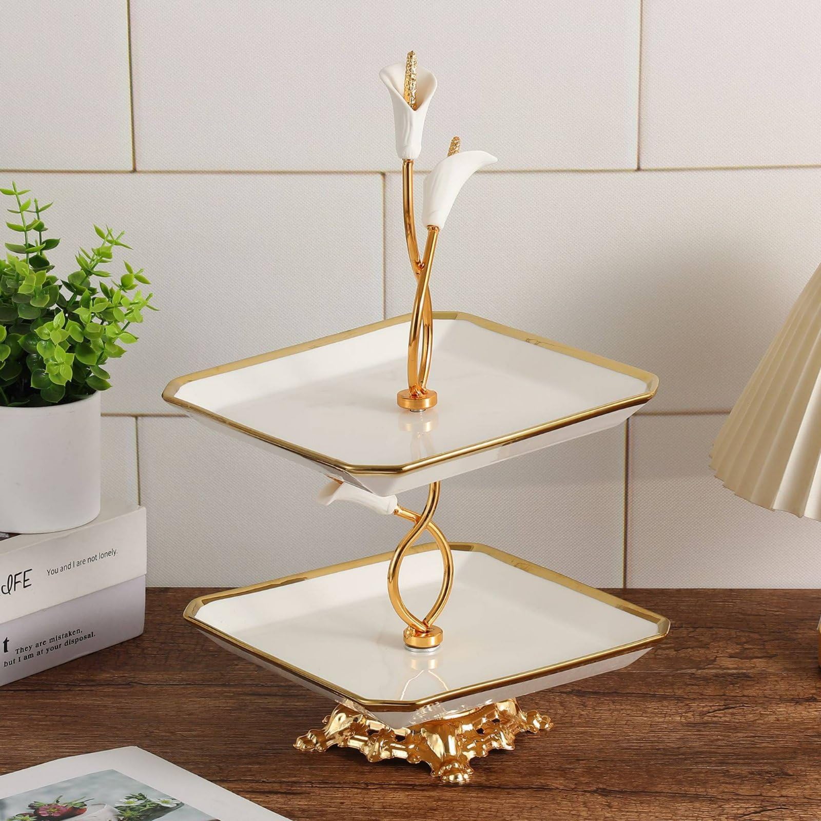 Qianly Piatto da Dessert in Ceramica Alzata a Due Livelli Vassoio Frutta Supporto Dolci Centrotavola con Telaio in Ferro E Decorazioni Floreali Elegante E, Moderno-B