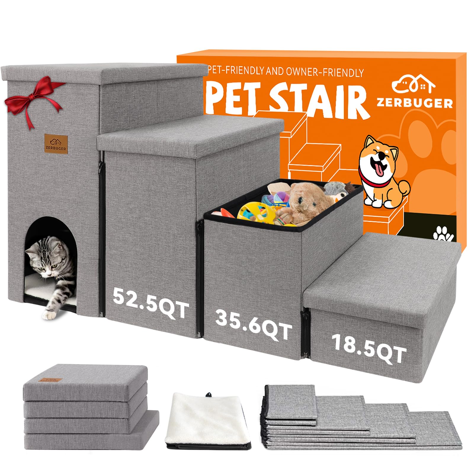 Zerbuger Dog Stairs with Storage, Grey 4 Steps Dog Ramp with Condo for Bed