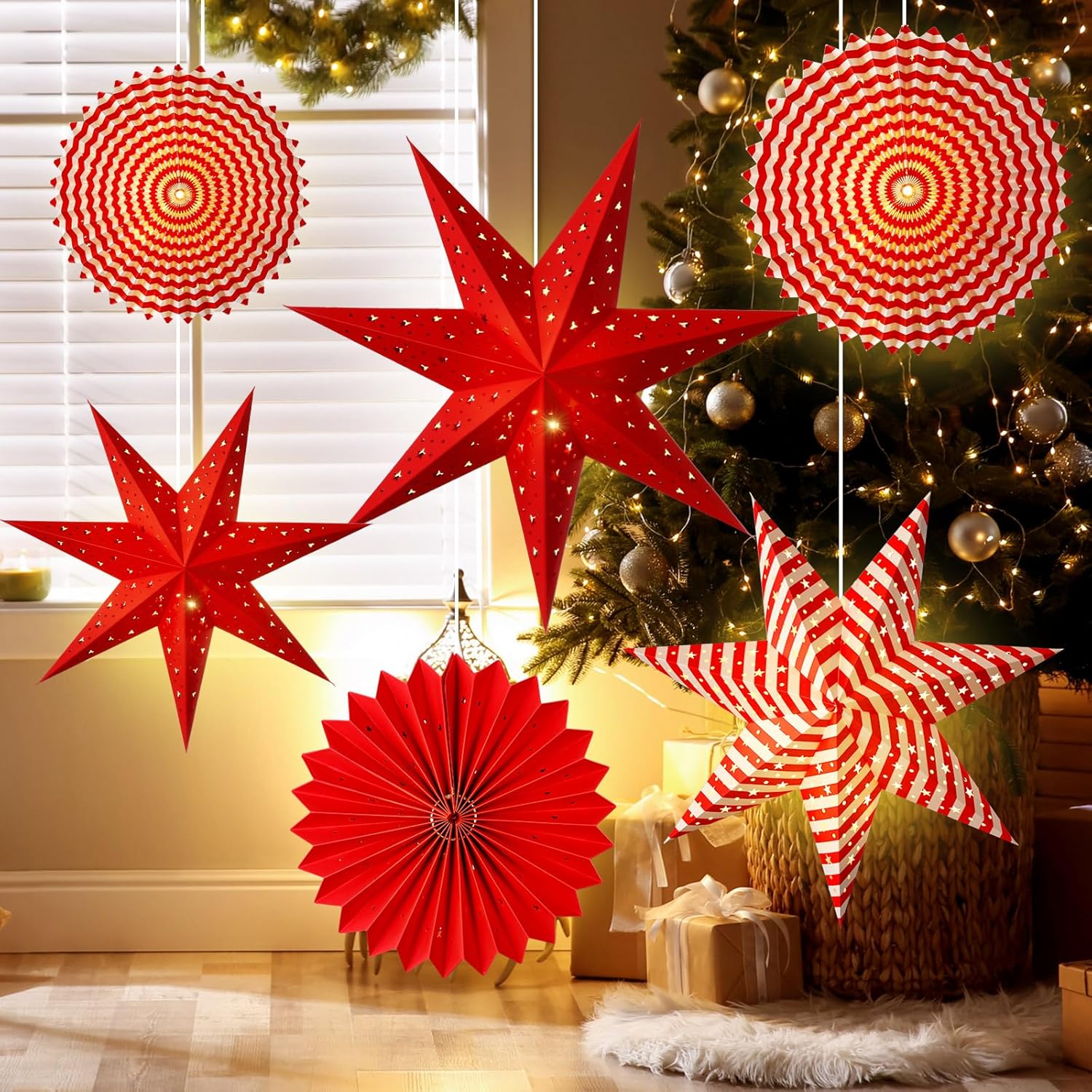 WILLBOND 6 Pcs Christmas Paper Star Lantern with String Light Red and White Hanging Ornament 3D Christmas Star Fans Circle Cover Lantern Hollow Lampshade for Xmas Home Party Decor