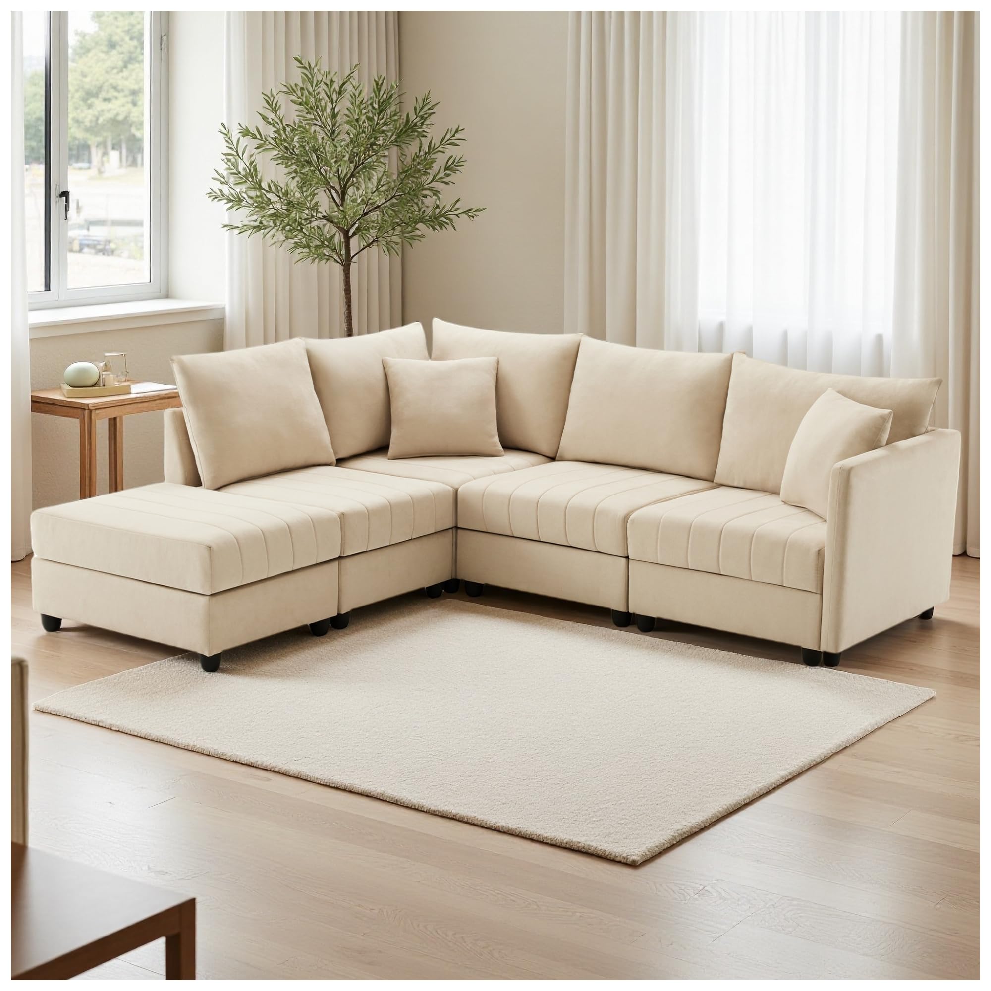 Divano moderno ad angolo, 220x194x85cm, divano a 5 posti, divano a L con poggiapiedi trasformabile e 2 cuscini, a righe verticali, divani combinato,sofa,Beige