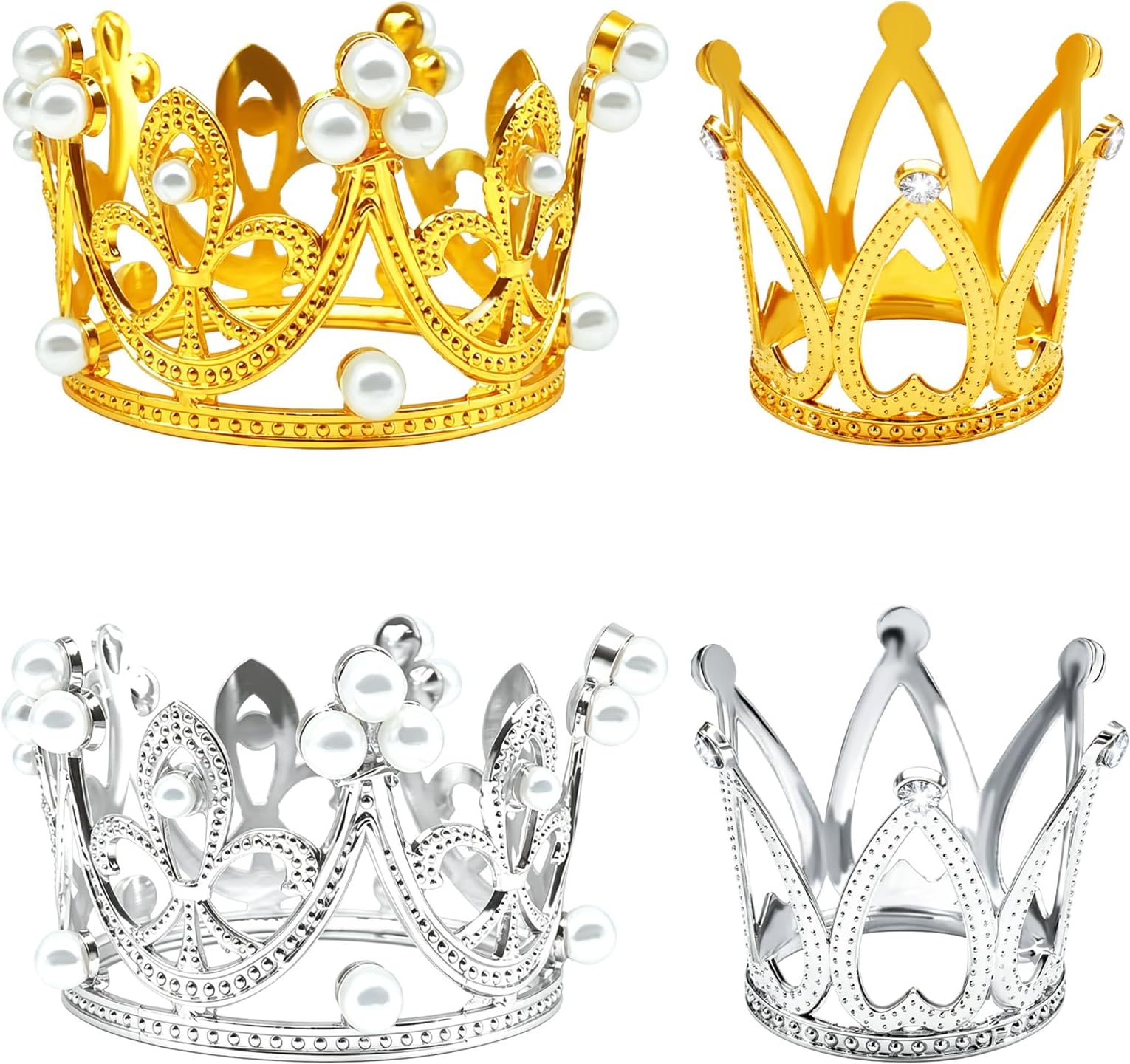 BLMHTWO 4Pcs Crown Cake Topper Gold Silver Small Crown Queen Mini Tiara Cake Decoration for Women Girl Bridal Wedding Royal Themed Decor Birthday Party(2PCS Gold+2OCS Silver)