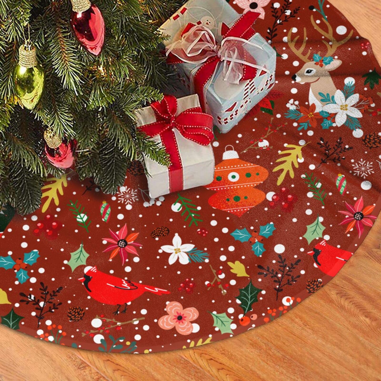 Red Vintage Christmas Tree Skirt, 30 inches Retro Christmas Animal Deer Balls Tree Skirts Santa Northern Cardinal Xmas Mat Farmhouse Holiday Party New