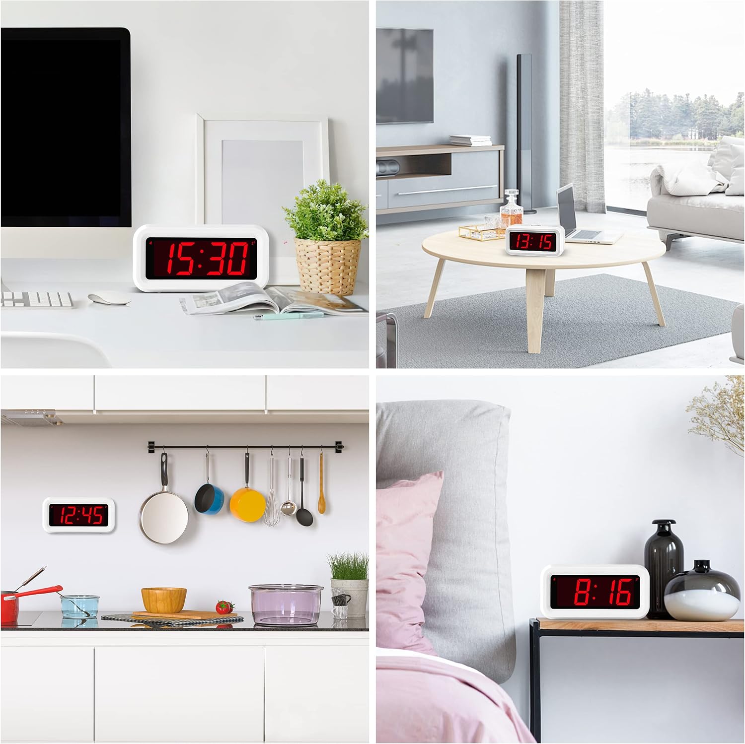 Various usage scenarios for the KWANWA Digital Alarm Clock, including a desk, kitchen, bathroom, tool house, office, travel, and living room.