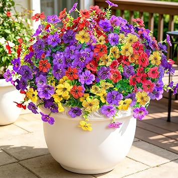 Nepfaivy UV-Resistant Artificial Flowers for Outdoors, 12 Bundles of 3 Colors Faux Eucalyptus Violet, No Maintenance Artificial Plants for Easter Patio Porch Garden Wedding Table Centerpieces