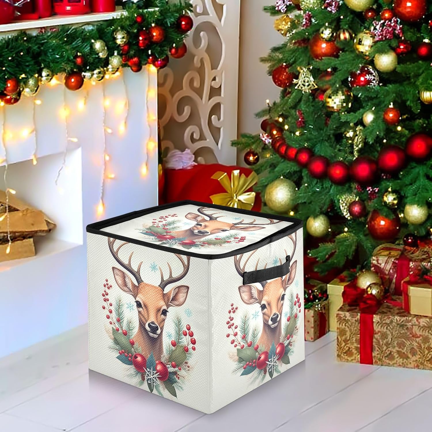 Christmas Ornament Storage Box | Stores up to 64 Holiday Ornaments, Deer Holiday Decor Christmas Storage Containers with Lid for Holiday Decorations | 3 Inch Cube Dividers