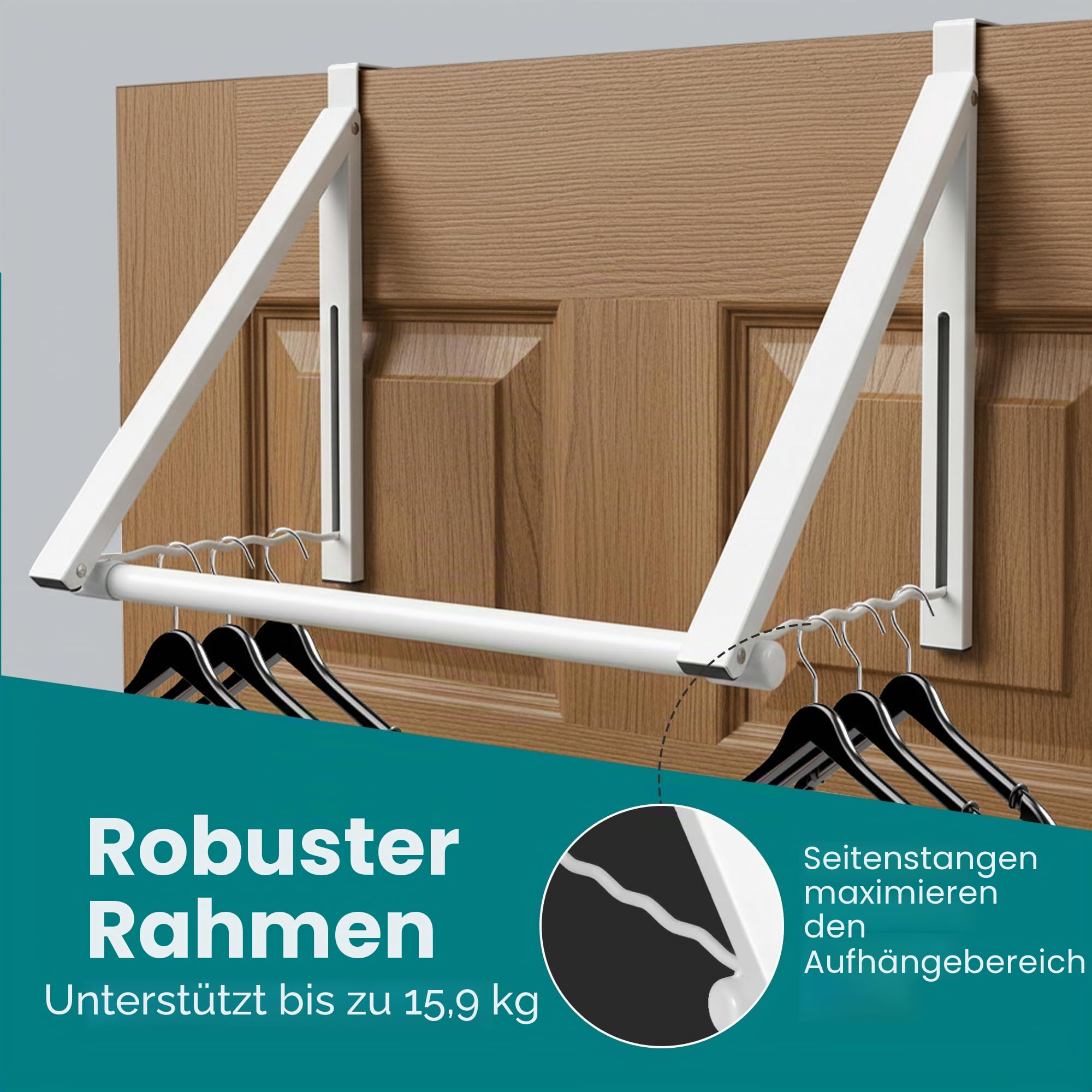 Strapazierfähiger Kleiderständer für Tür, erweiterbar, faltbar, für Schrankstangen, Kleiderstange, Organisieren von Schränken, Aufbewahrung usw. in Badezimmern/Schlafzimmern (weiß)