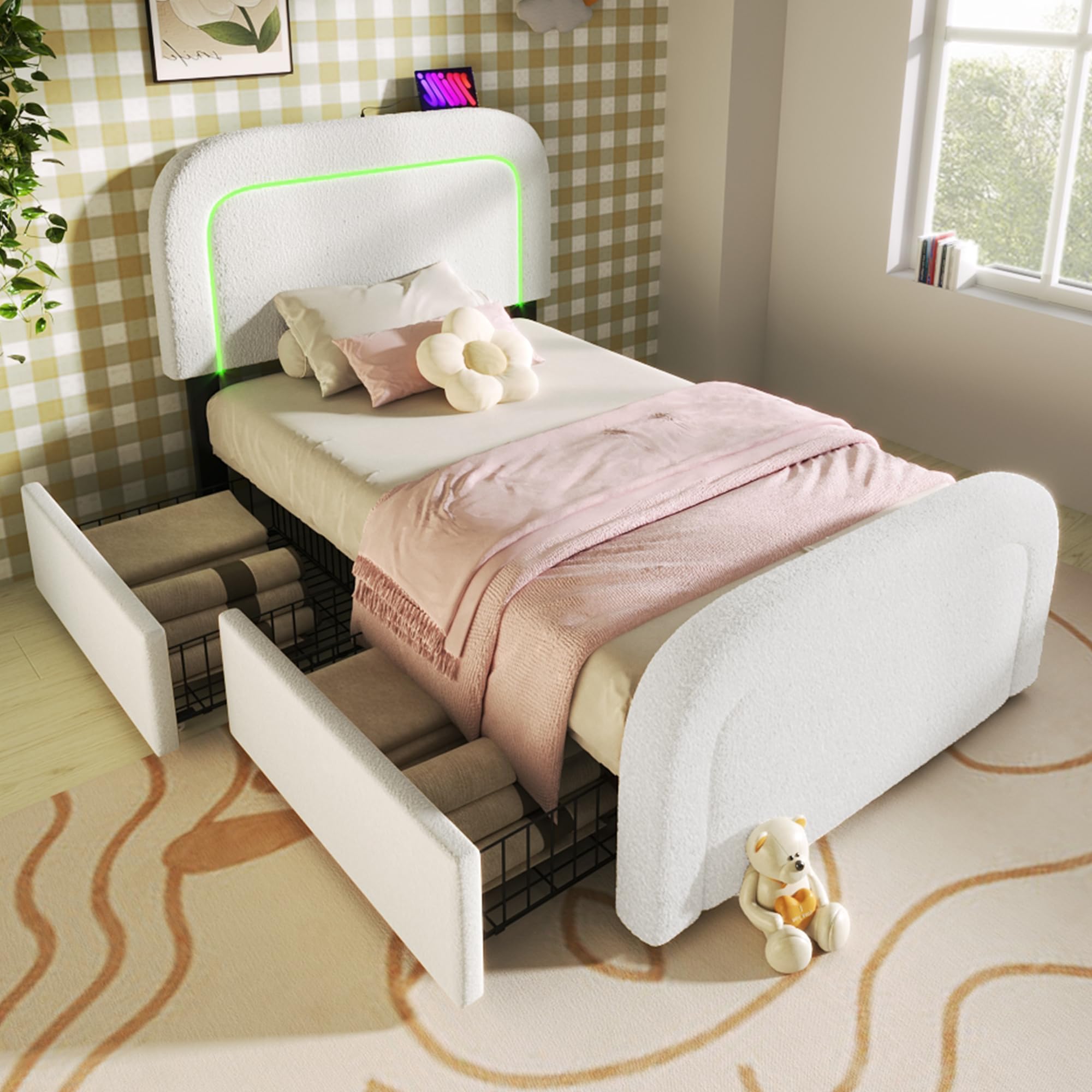 Lit Coffre 90x200 Cm Avec Ports USB - Cadre Bois/métal, Tête Capitonnée | Rangement Hydraulique