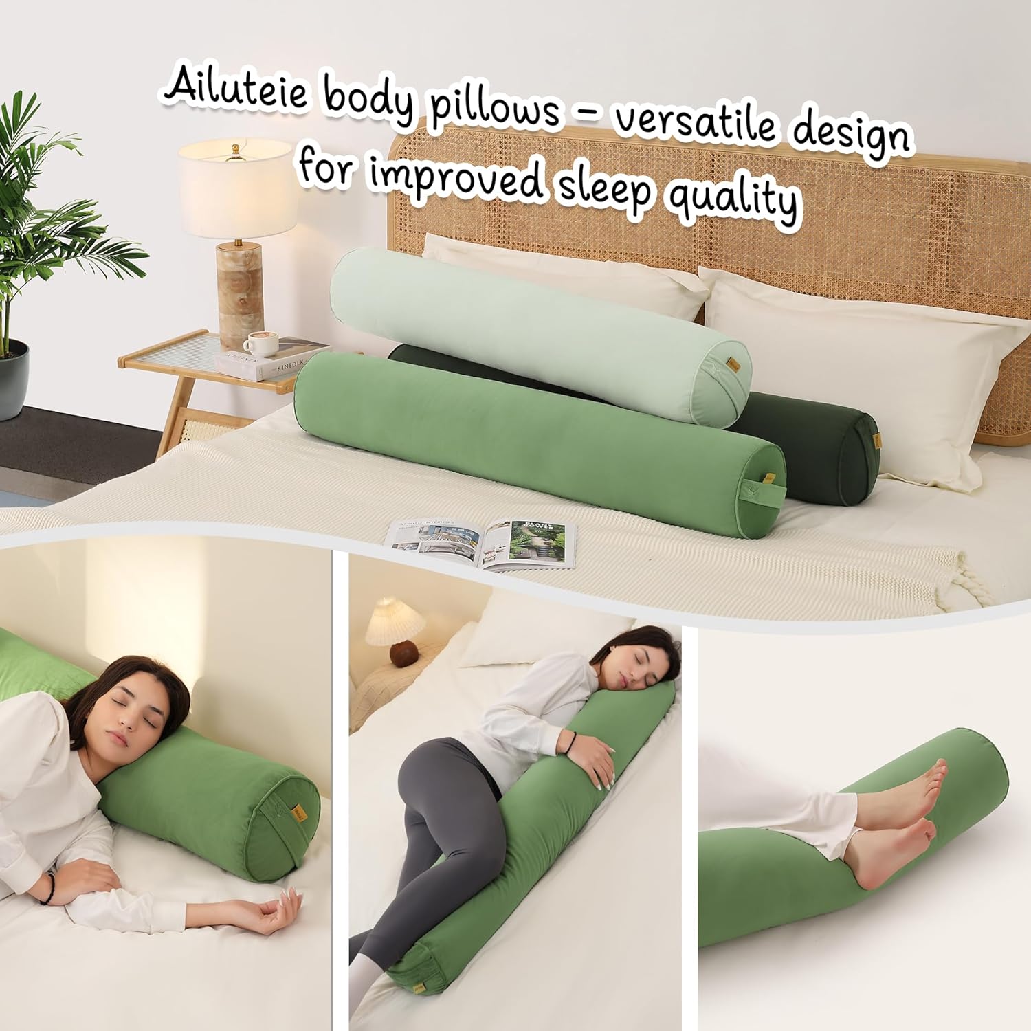 Body Pillow for Adults,Long Round Pillow,Big Cylindrical Pillow,Large Full Bolster Pillows for Side Sleepers (Olive Green, 59"*7.87") - Image 6