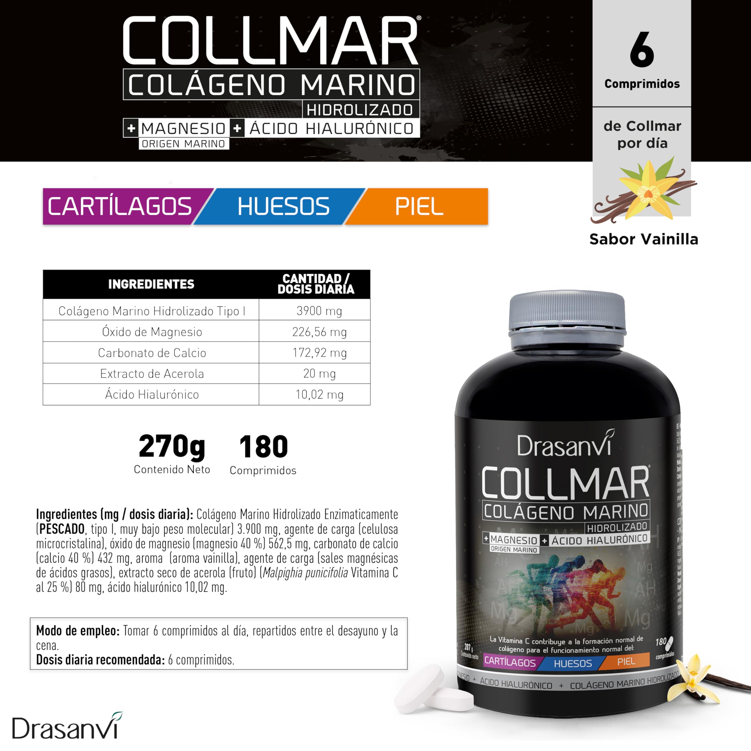 Pack 2 Colágeno Marino Hidrolizado con Magnesio y Ácido Hialurónico + Vitamina C | Soporte para Articulaciones, Huesos y Piel | 360 Comprimidos | Tratamiento 2 Meses | Collmar Drasanvi