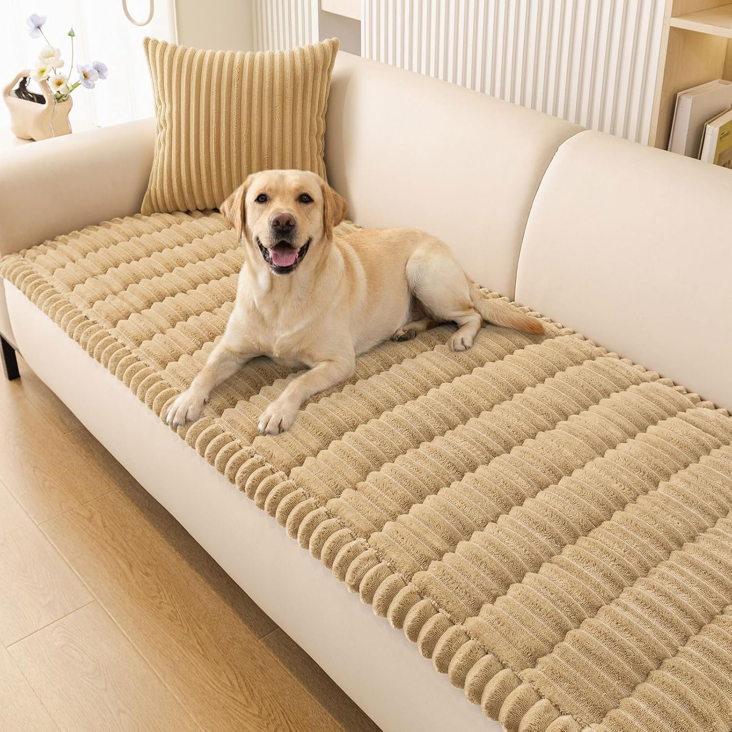 Homaxy Thick Soft Sofa Covers, Washable Non-Slip Couch Cover, Sofa Slipcover for Dogs Pets Kids, 3 4 Seater Furniture Protector for Living Room, Camel,90x210cm