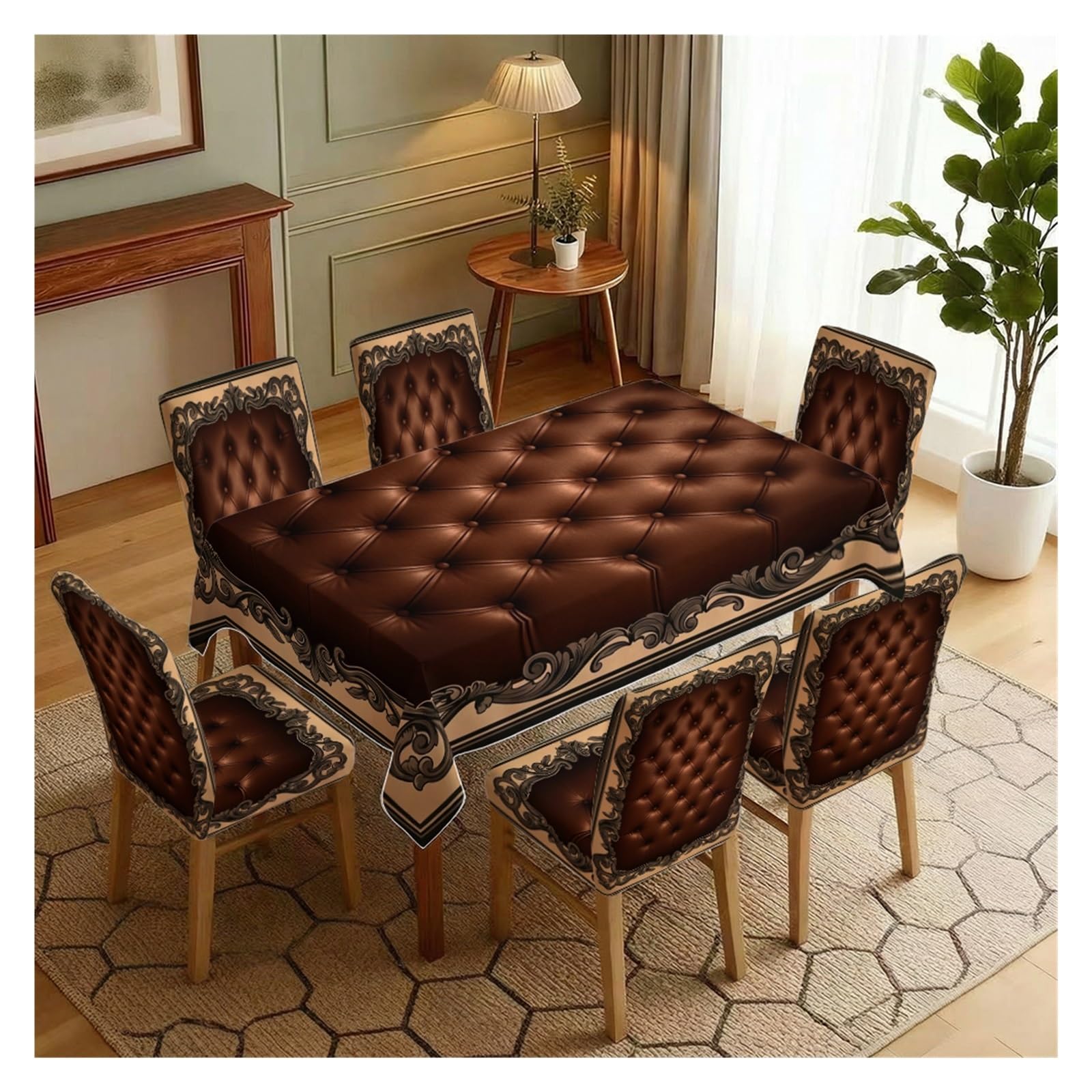 Luxury Vintage Brown Tufted Baroque Tablecloth And Chair Covers Set, Stretch Slipcovers For Formal Dining Room Banquet Gothic Home Decor, 5/7 Pack Party Decor(7pcs Set: Tablecloth+Chair Covers)