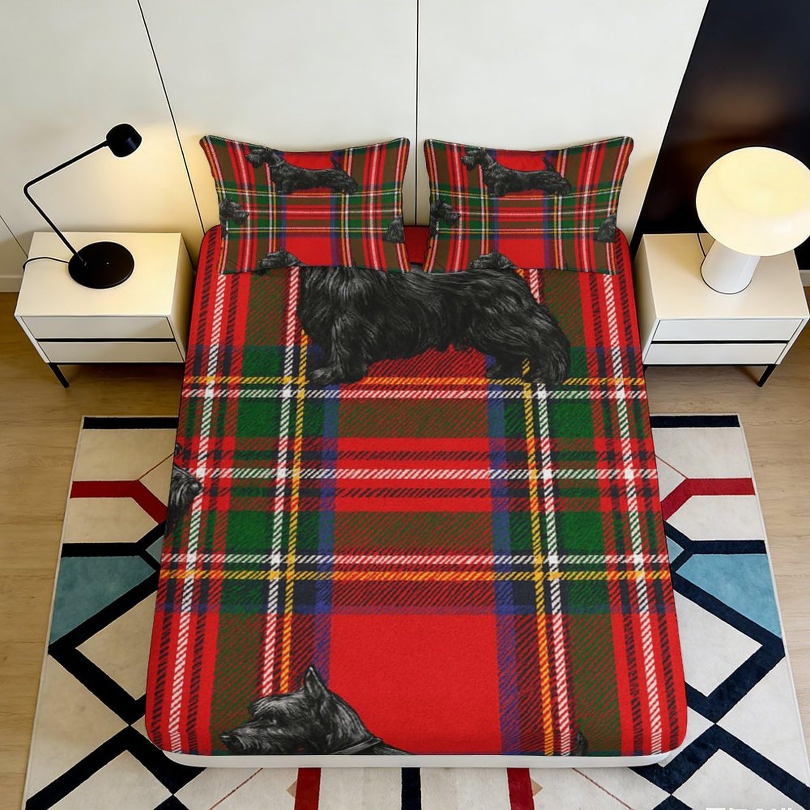 3D Printed Scottish Terrier Tartan Fitted Sheet Microfiber Red Green Plaid Bed Cover for Bedroom Guest Room Mattress Protection 90x200x25cm