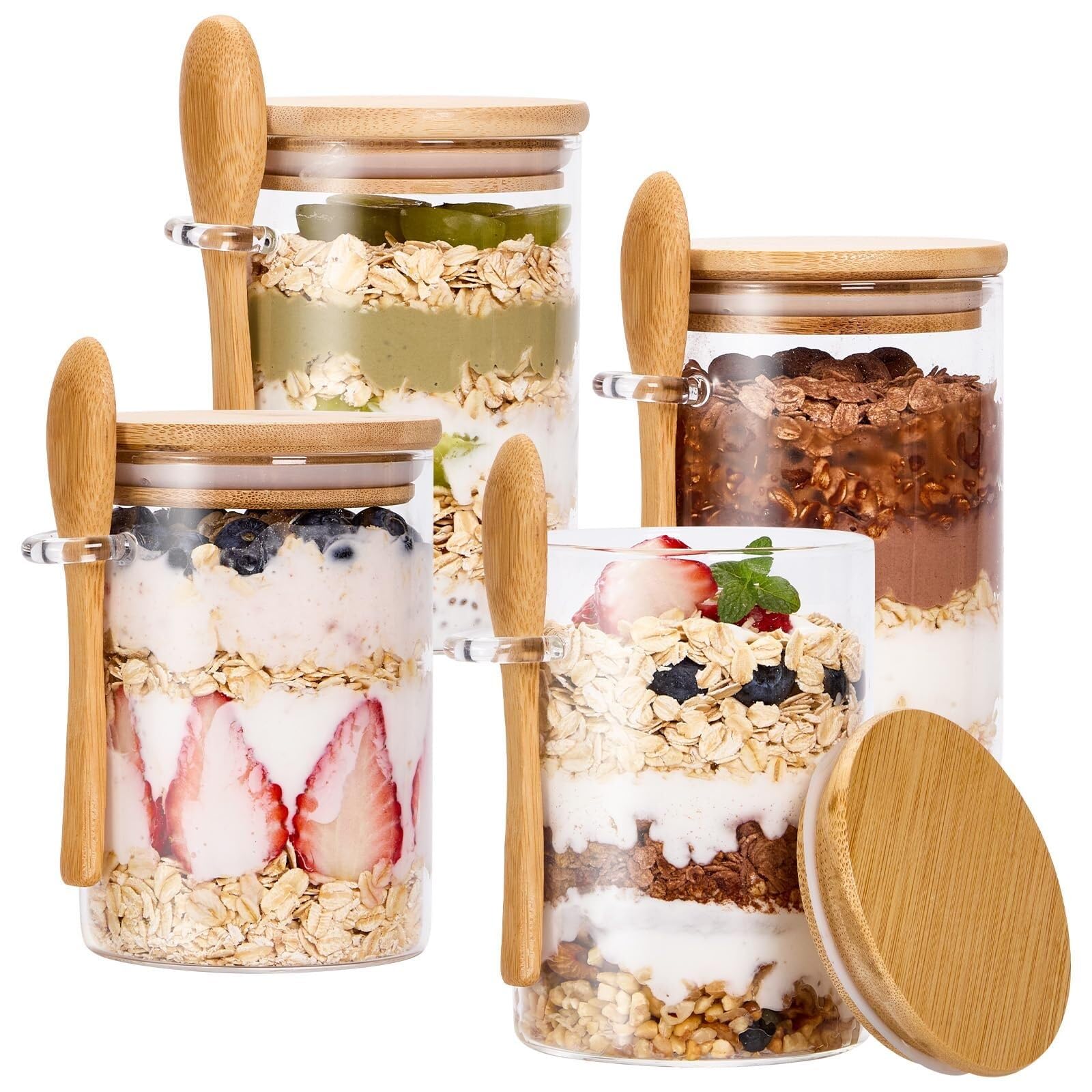 AMULONG Sweet Jars Apothecary 4 Pcs Airtight Glass Jars With Lids And Spoons For Overnight Oats Jars for Crafting