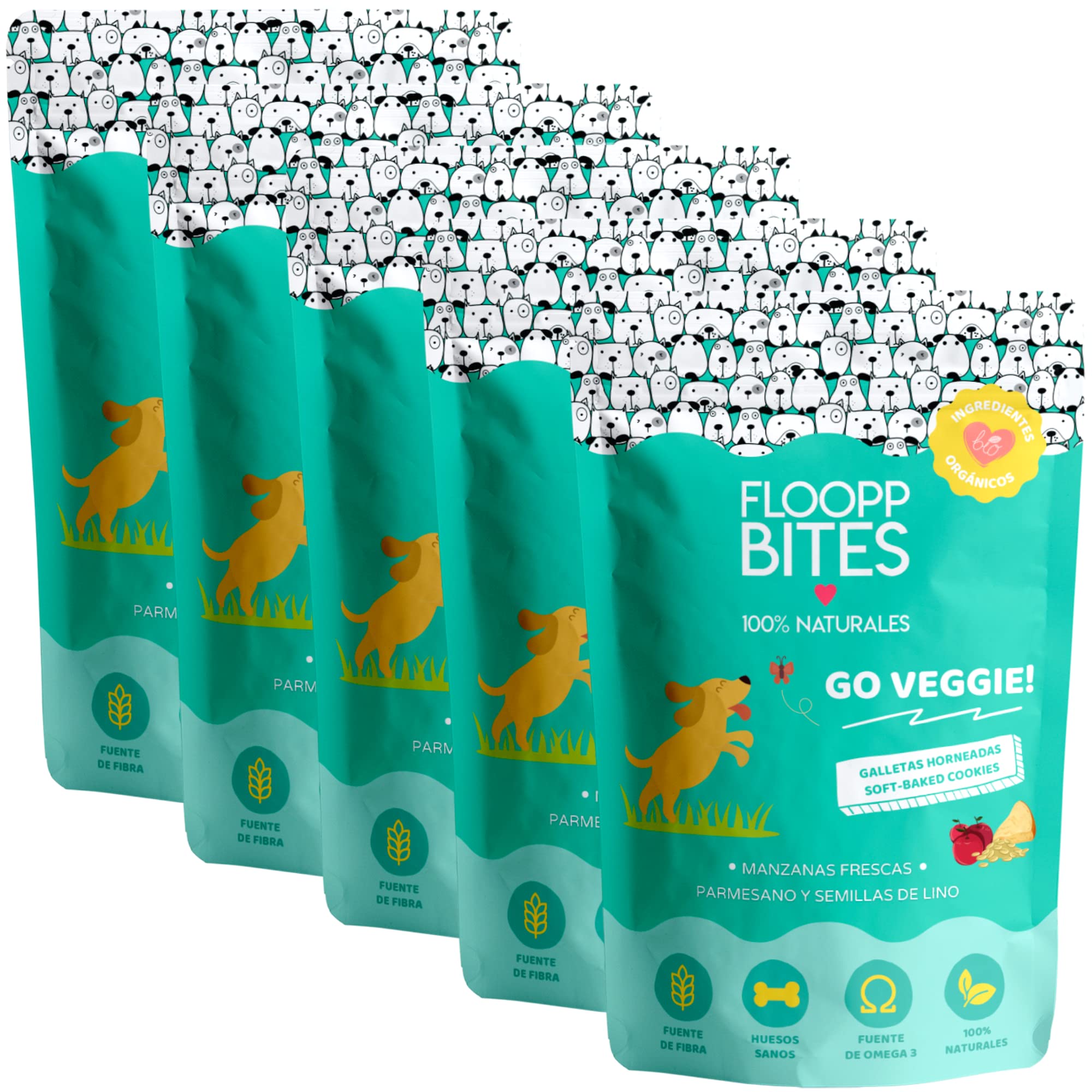 FlooppBITES Snack Perro 100% Naturales - Galleta Crujiente - Chuches, Premios, Golosinas Perro - Queso, Manzana, Lino - Pack 5x100gr (Total 500gr)