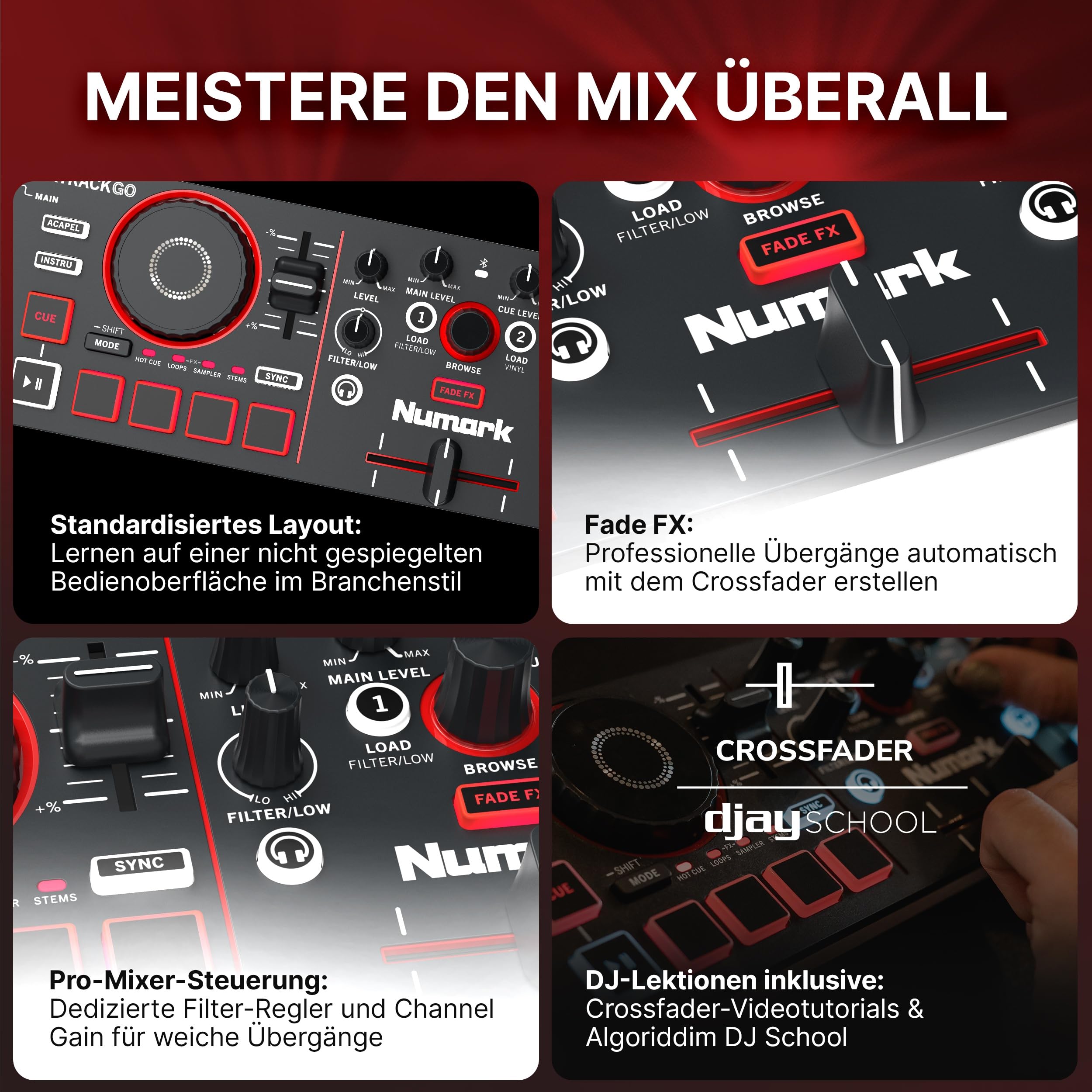Numark Mixtrack Go Kompakter Bluetooth-DJ-Controller mit Stems-Control | 2-Deck-DJ-Mixer, für Anfänger & mobile DJs, Smart Fader, USB-C, Serato DJ Lite & Algoriddim djay, Gen 4