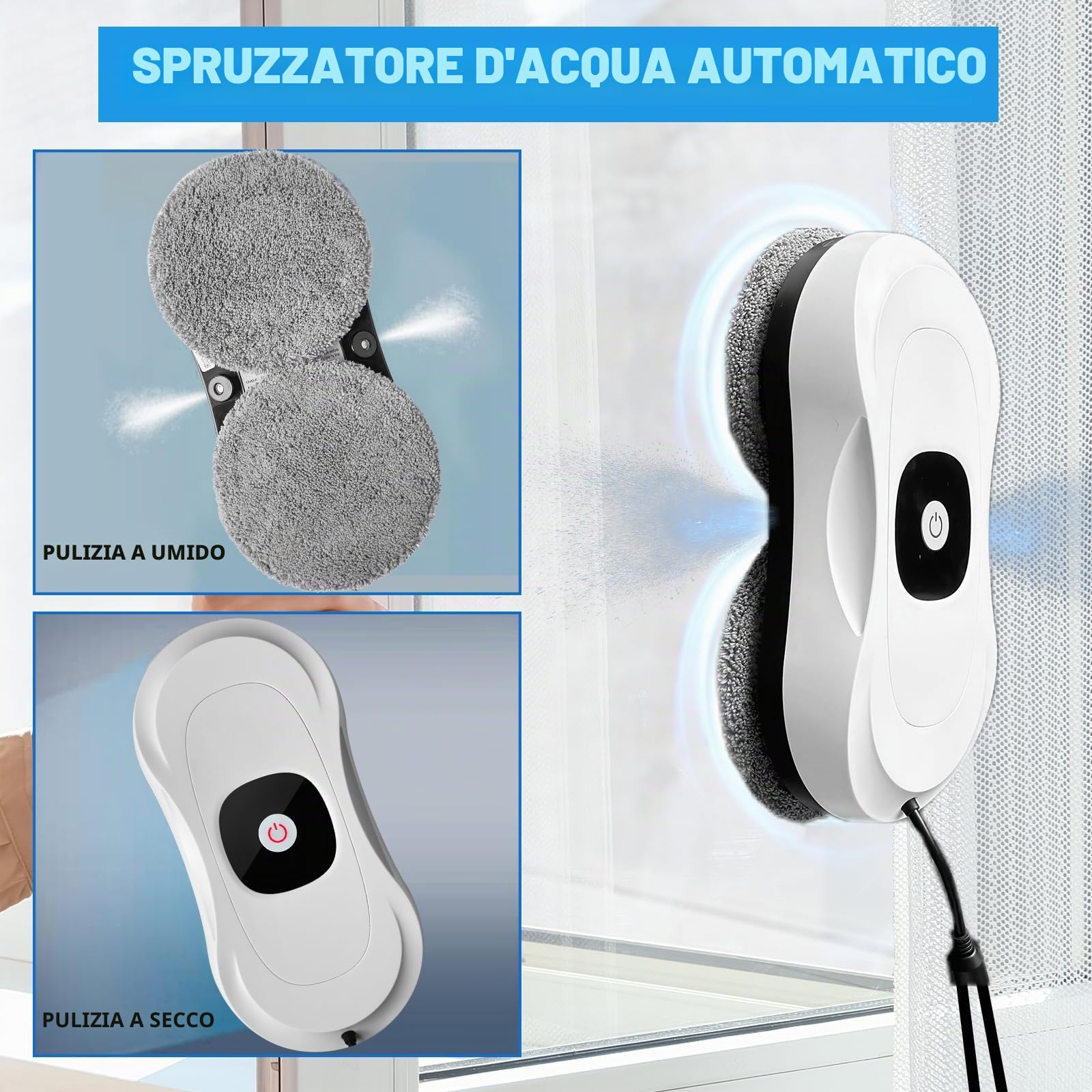 Robot Lavavetri, Lavavetri Elettrico Robot Lavavetri Finestre con Doppi Spruzzo Automatico Robot Pulisci Vetri Lavavetri Automatico con Telecomandato per Superficie Lisce, 3 Modalità di Pulizia