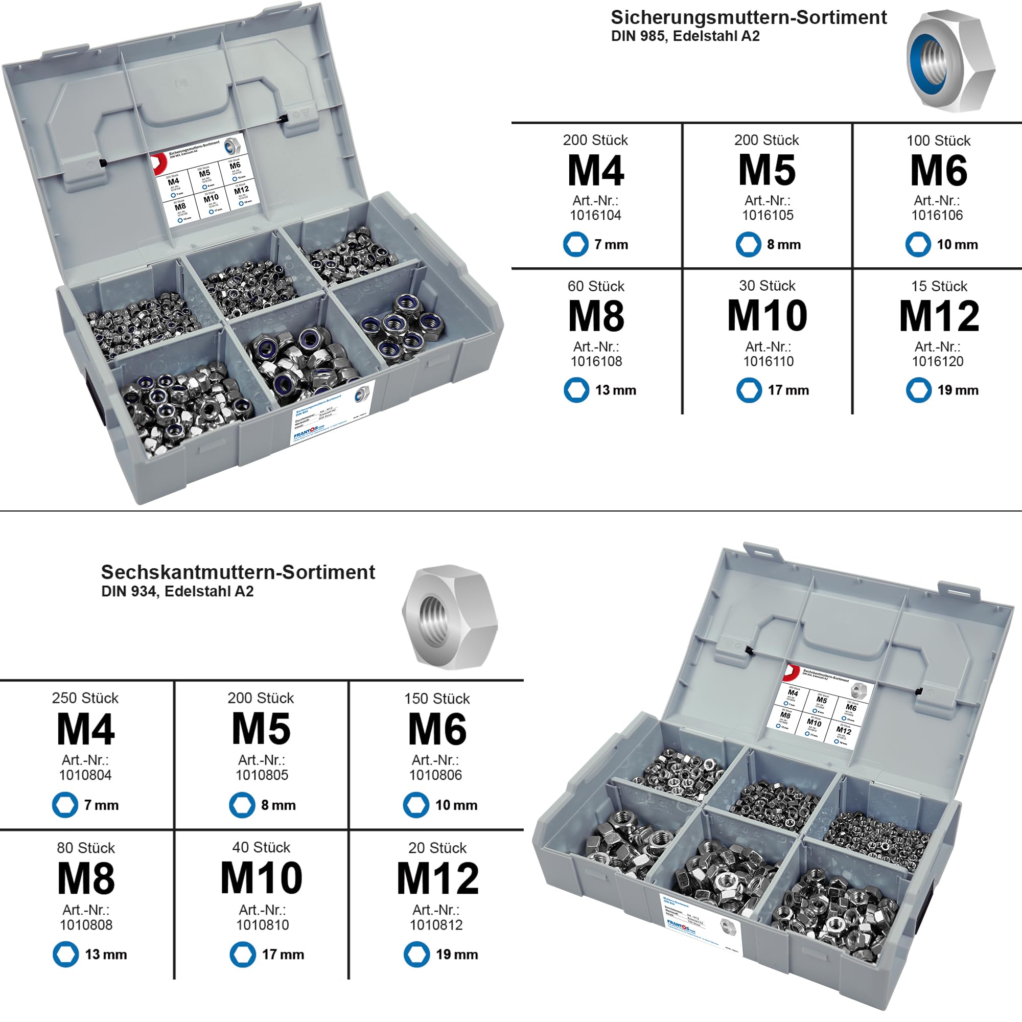 FRANTOS XXL Senkkopfschrauben + Muttern Set 2945-tlg (Edelstahl A2) in L-BOXX & L-BOXX Mini, Senkschrauben ISO 10642 DIN 7991, Sechskantmuttern DIN 934, Sicherungsmuttern DIN 985 INKL. Meterstab