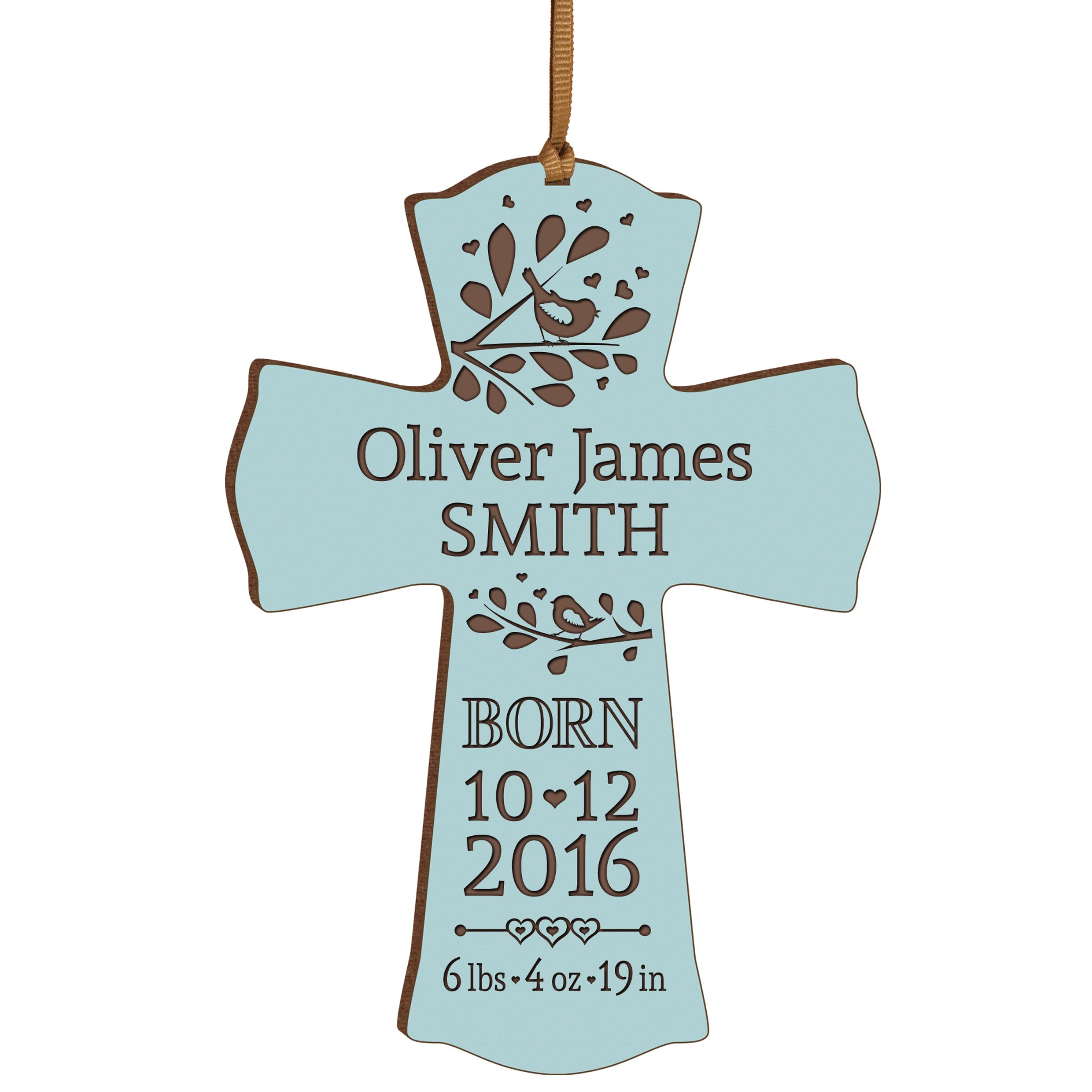 LifeSong Milestones Personalized New Baby Birth Shower Announcement Gift Ideas for Newborn Boys and Girls Custom Engraved Wall Cross Ornament for New mom and dad and Grandparents (Blue)