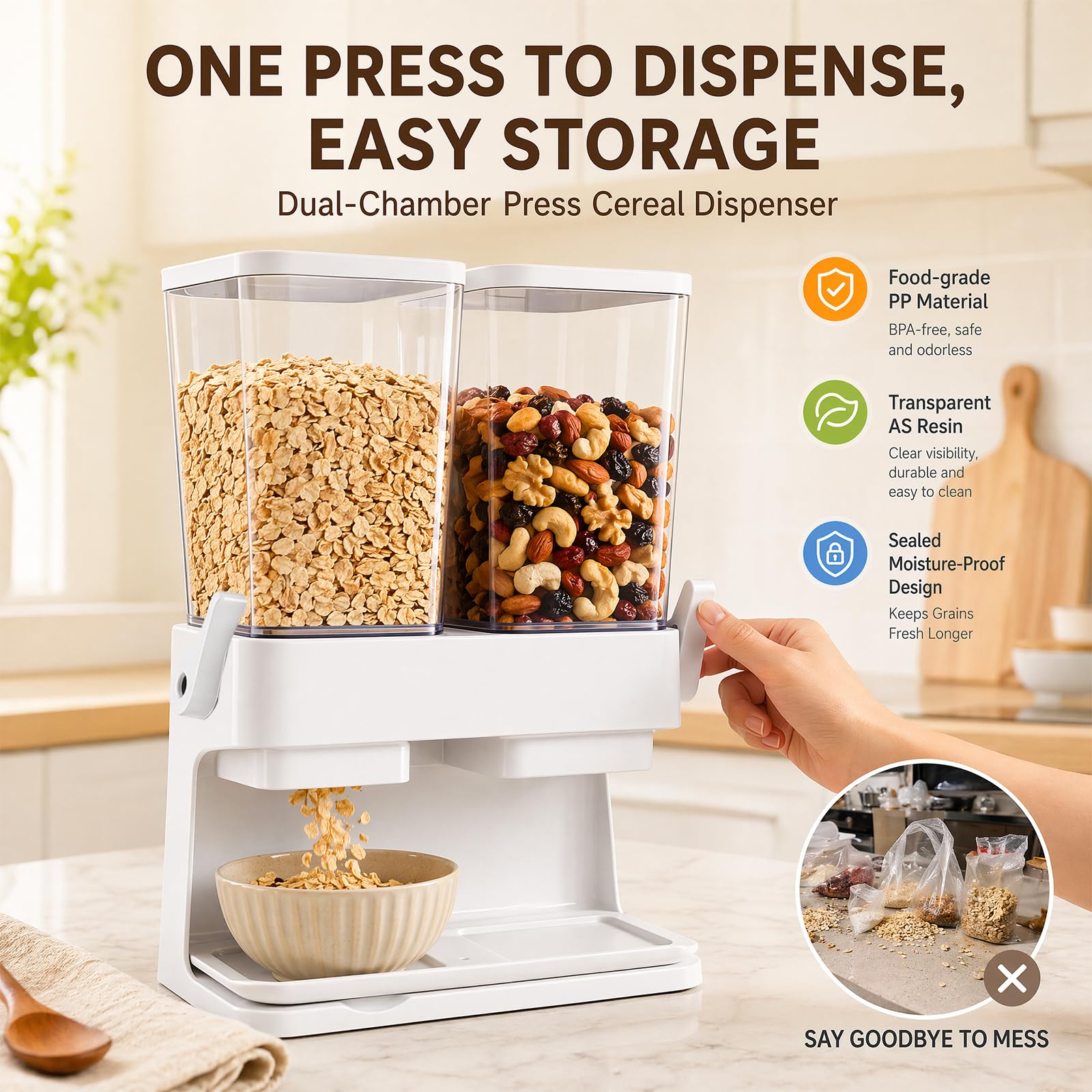 Set di 2 dispenser di cereali, doppio contenitore ermetico da 3 l per cereali, contenitore trasparente per noci, chicchi di caffè e alimenti secchi, contenitore da cucina con grande capacità (bianco)