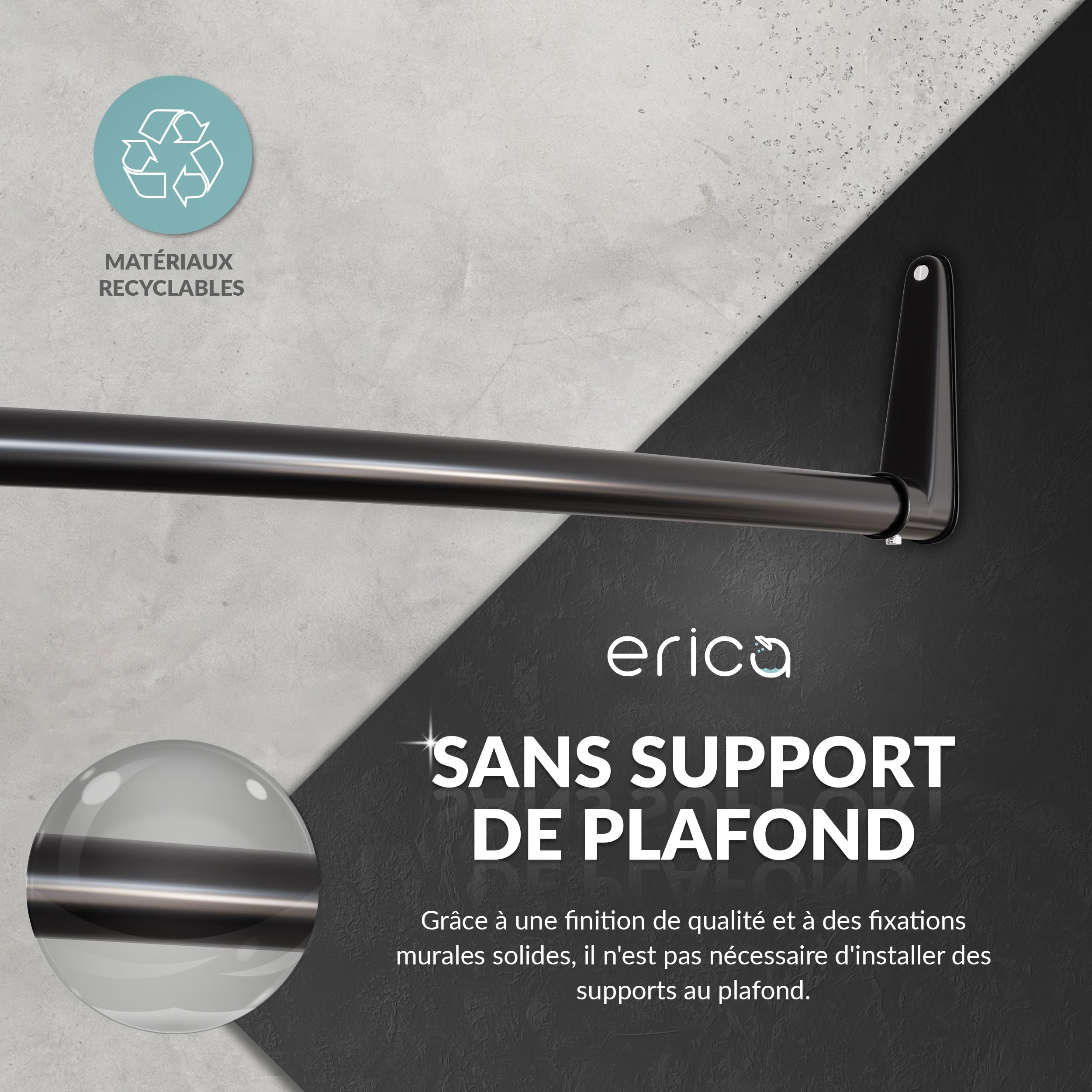 Erica Barre de Rideau de Douche D'angle 140x140cm, 100% Antirouille – Gris | 140x140 cm, Fixation Murale - sans Fixation au Plafond, Barre de Douche Incurvée, Acier Thermolaqué Gris, 100% Antirouille