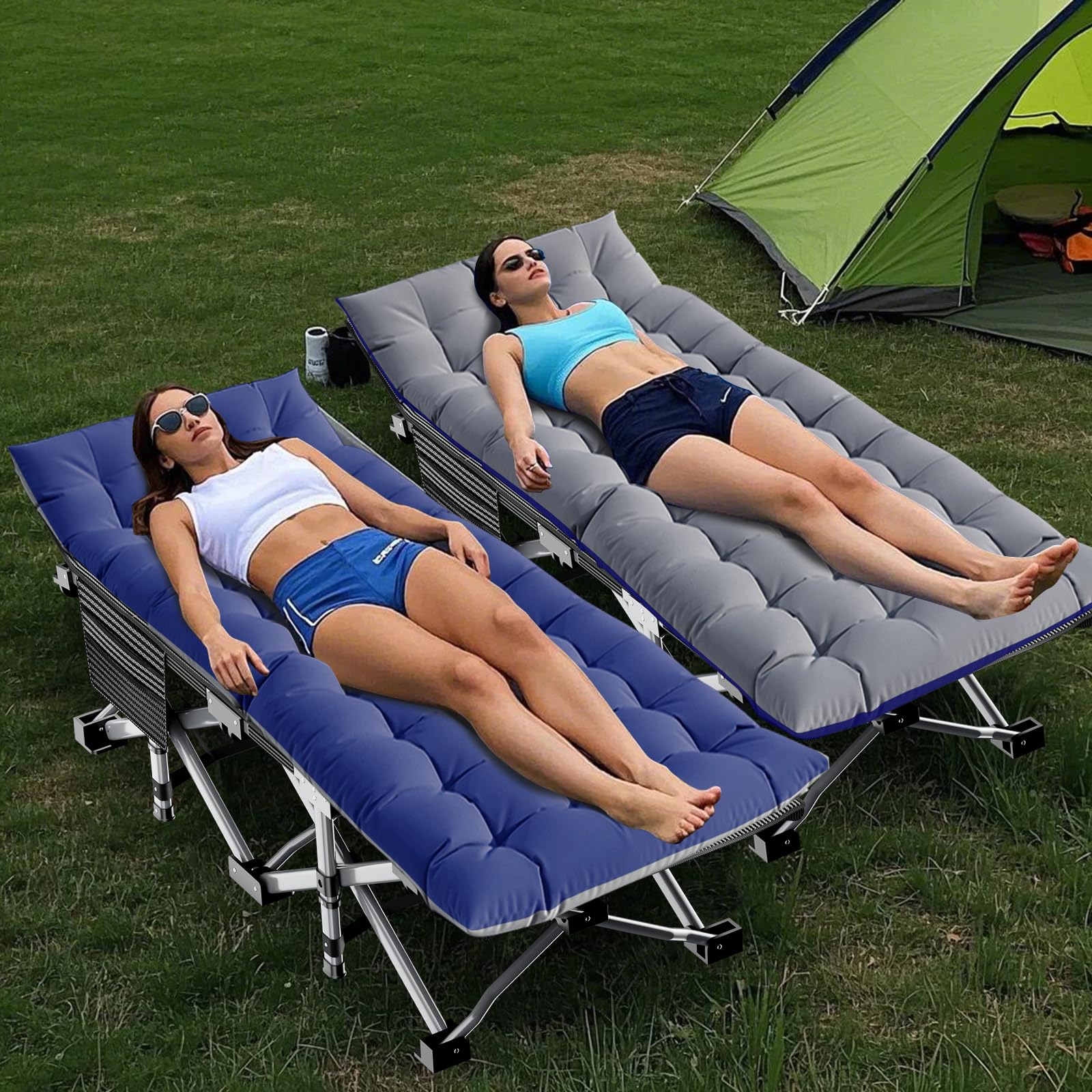 Lit de camping pliable avec matelas et poches latérales, capacité de charge 200KG, lit pliant pour invités, cadre en acier et toile Oxford, lit de camp pliable, 190 x 71 x 36 cm, convient pour