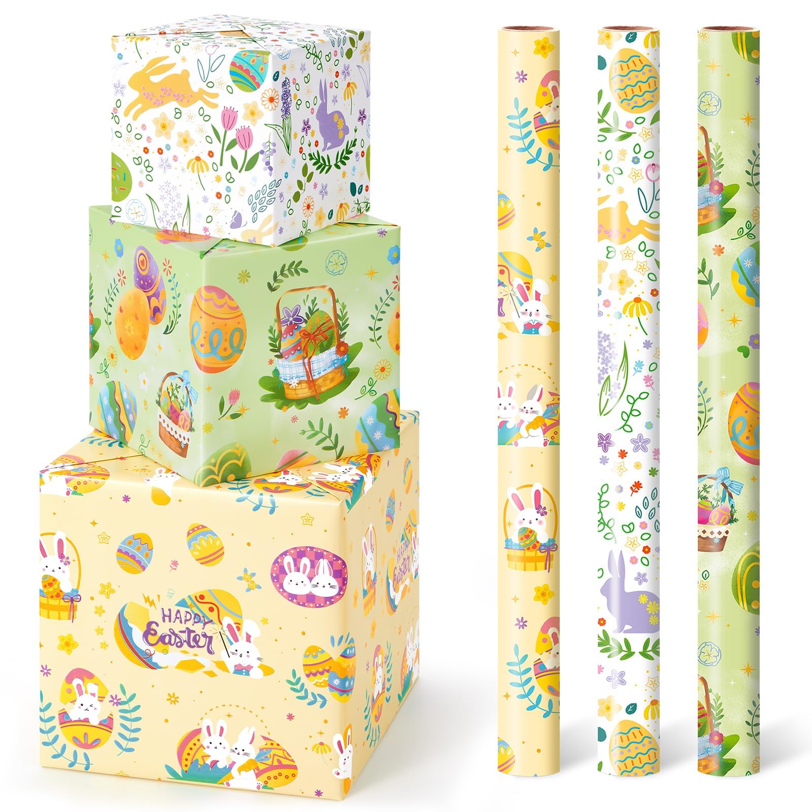 WERNNSAI Easter Wrapping Paper - 3 Rolls Easter Gift Wrapping Paper for Kids Spring Birthday Gift Wrap Green Yellow Floral Wrapping Paper with Cutting Line 43 x 3m — image 1
