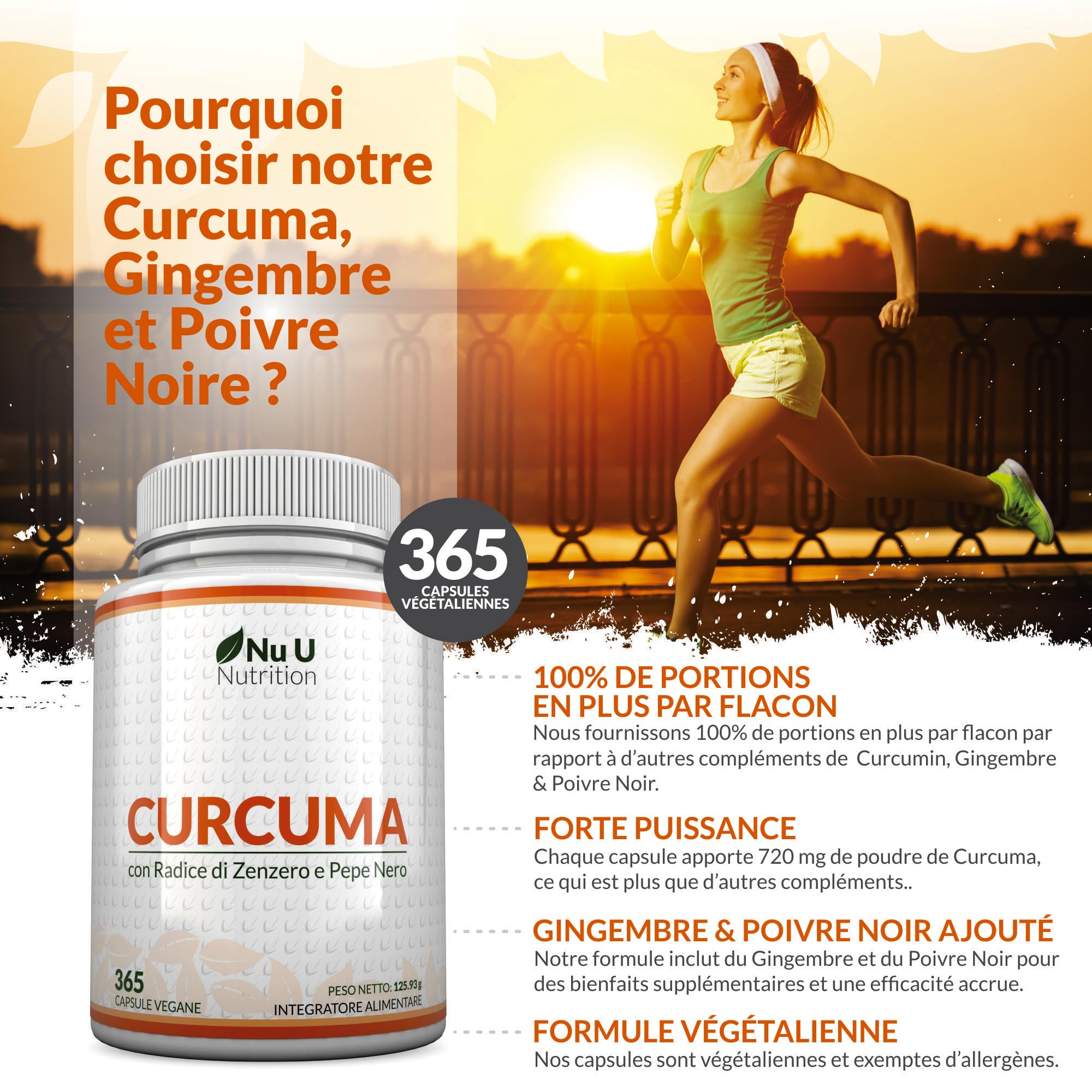 Curcuma Gingembre et Poivre Noir - 365 Gélules Vegan (1 An) - 95% de Curcumine - 720mg de Curcuma par Gélule de Haute Absorption - Fabriqué en Europe - Nu U Nutrition