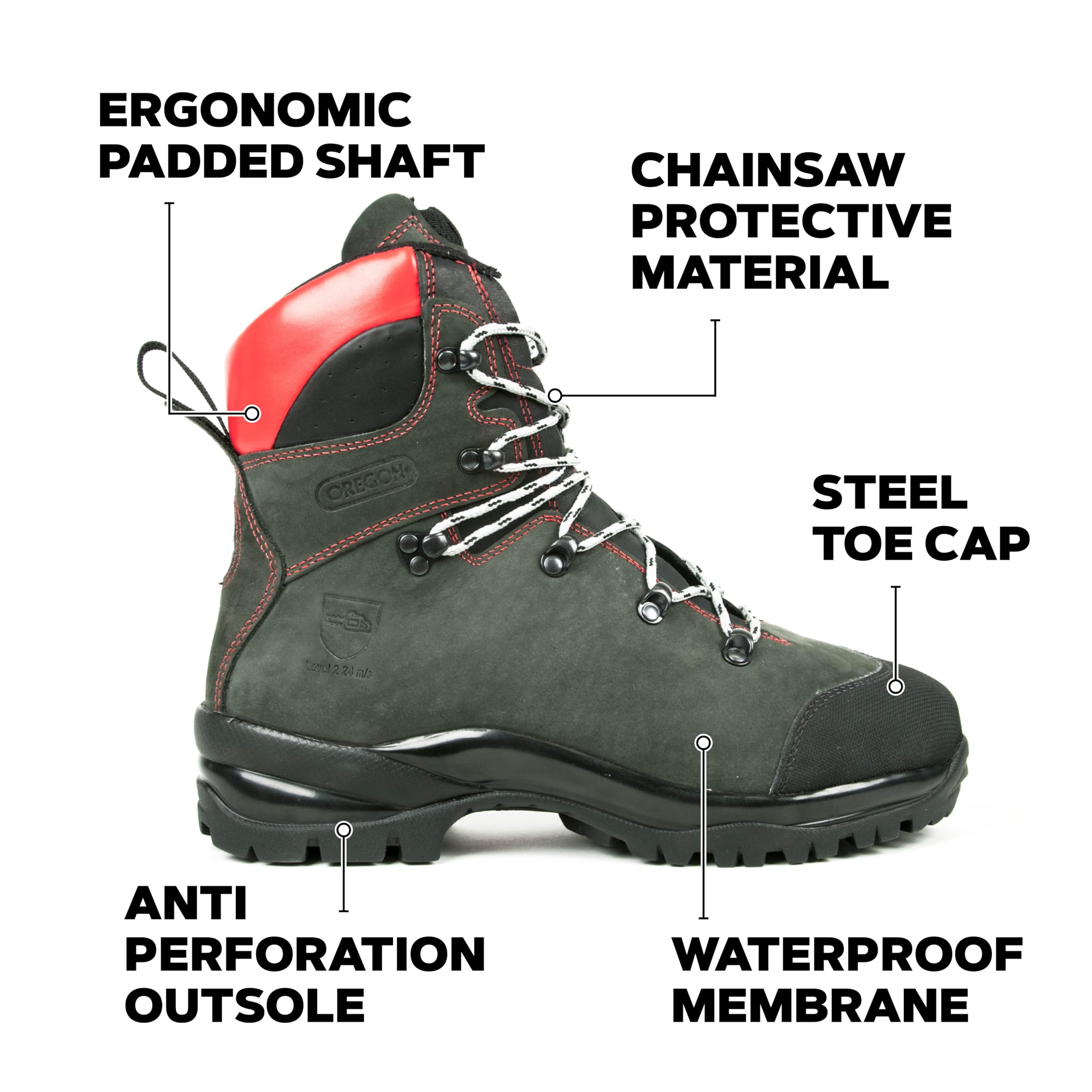 Oregon Botas de Seguridad para Trabajos con Motosierra, Protección Clase 1/2, EPI de Seguridad, Fabricadas en Piel Resistente al Agua, Calor y Frío