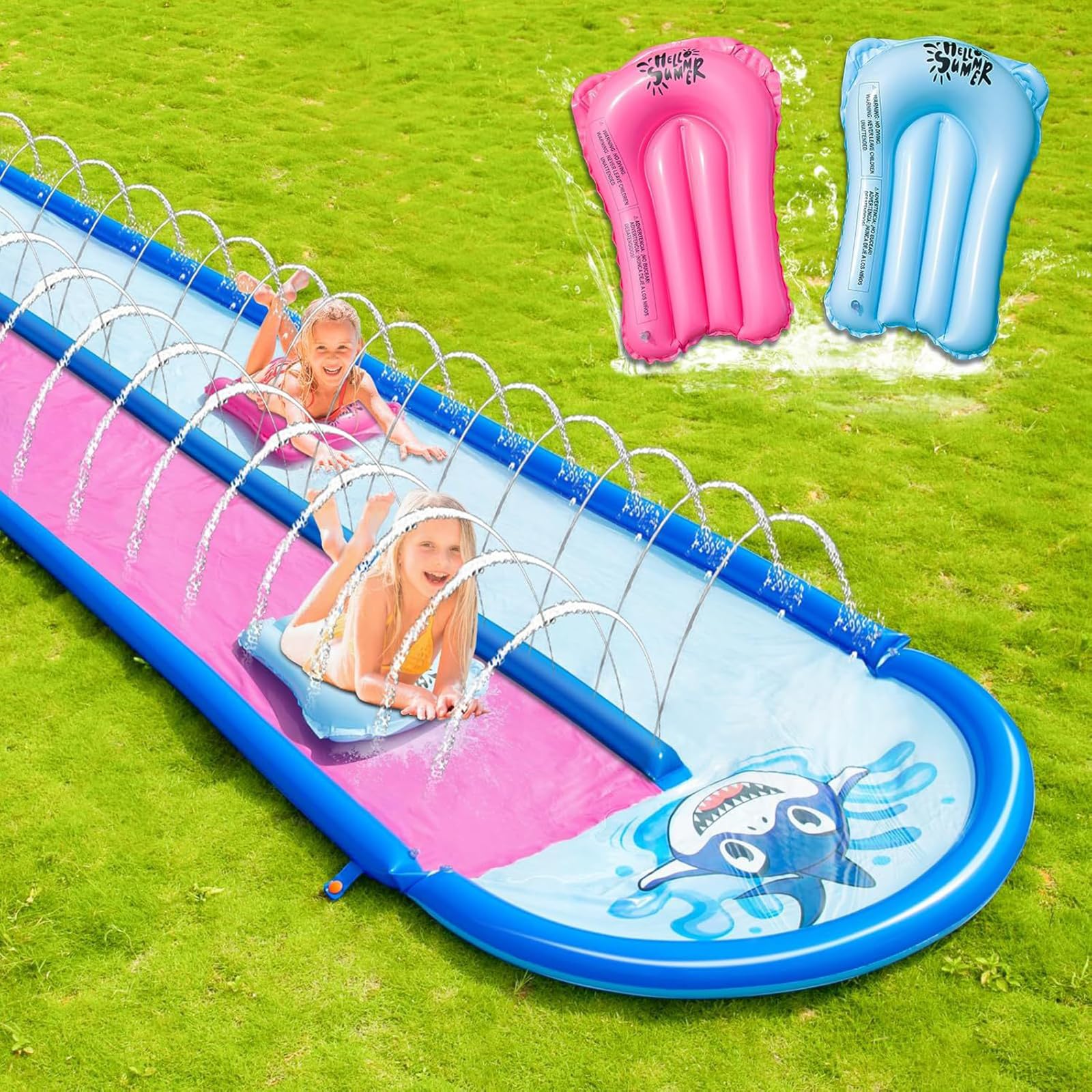 Scivolo Acquatico Extra Lungo da 6.1m, per Esterni Cortile Prato, Doppio Scivolo Resistente con Irrigatore per Bambini Ragazzi E Adulti, 2 Bodyboard Gonfiabili