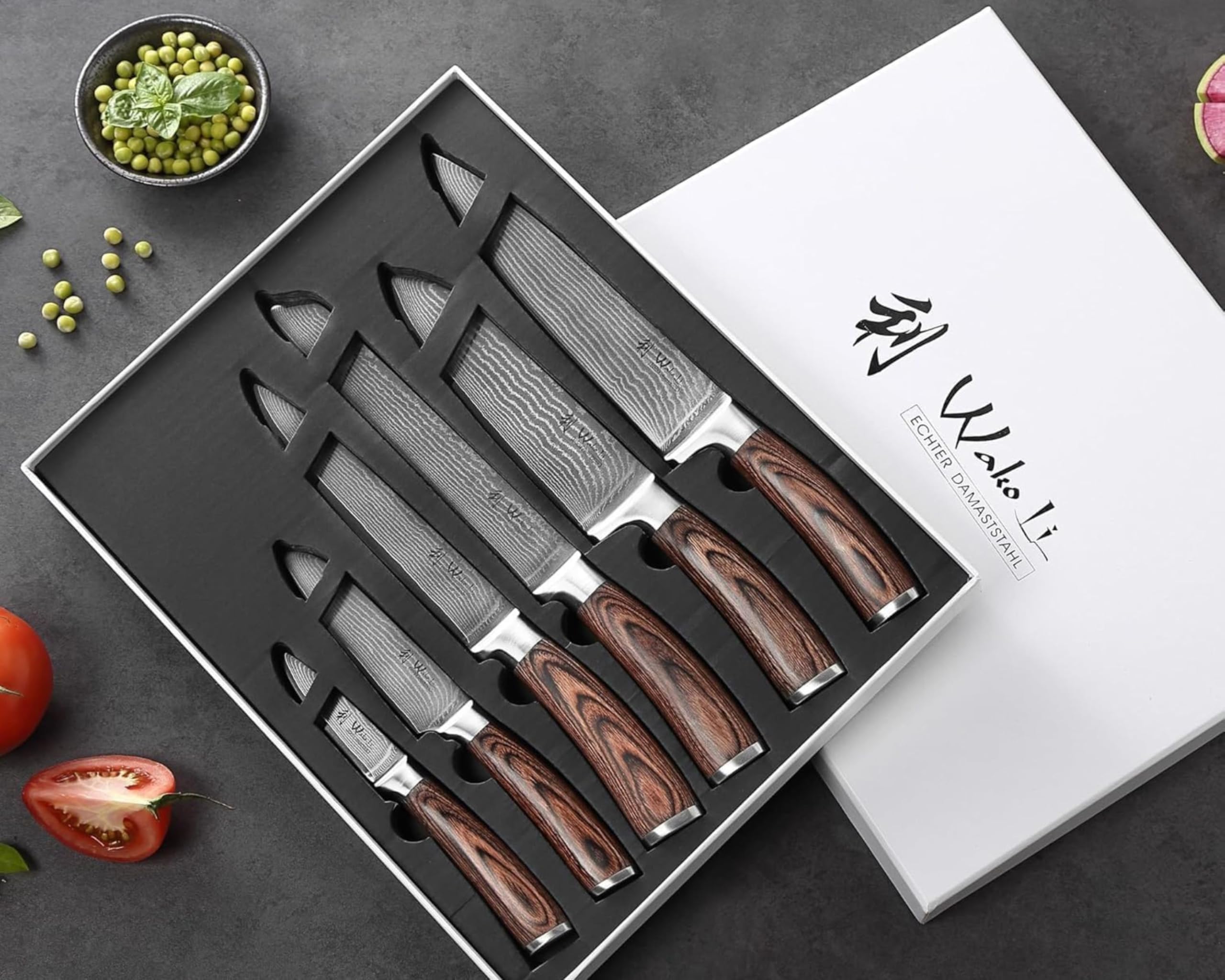 WAKOLI EDIB Set of 6 Professional Damascus Steel Kitchen Knives | With 67-layer blades, VG10 core, Pakkawood handles, left and right handed users, elegant gift box