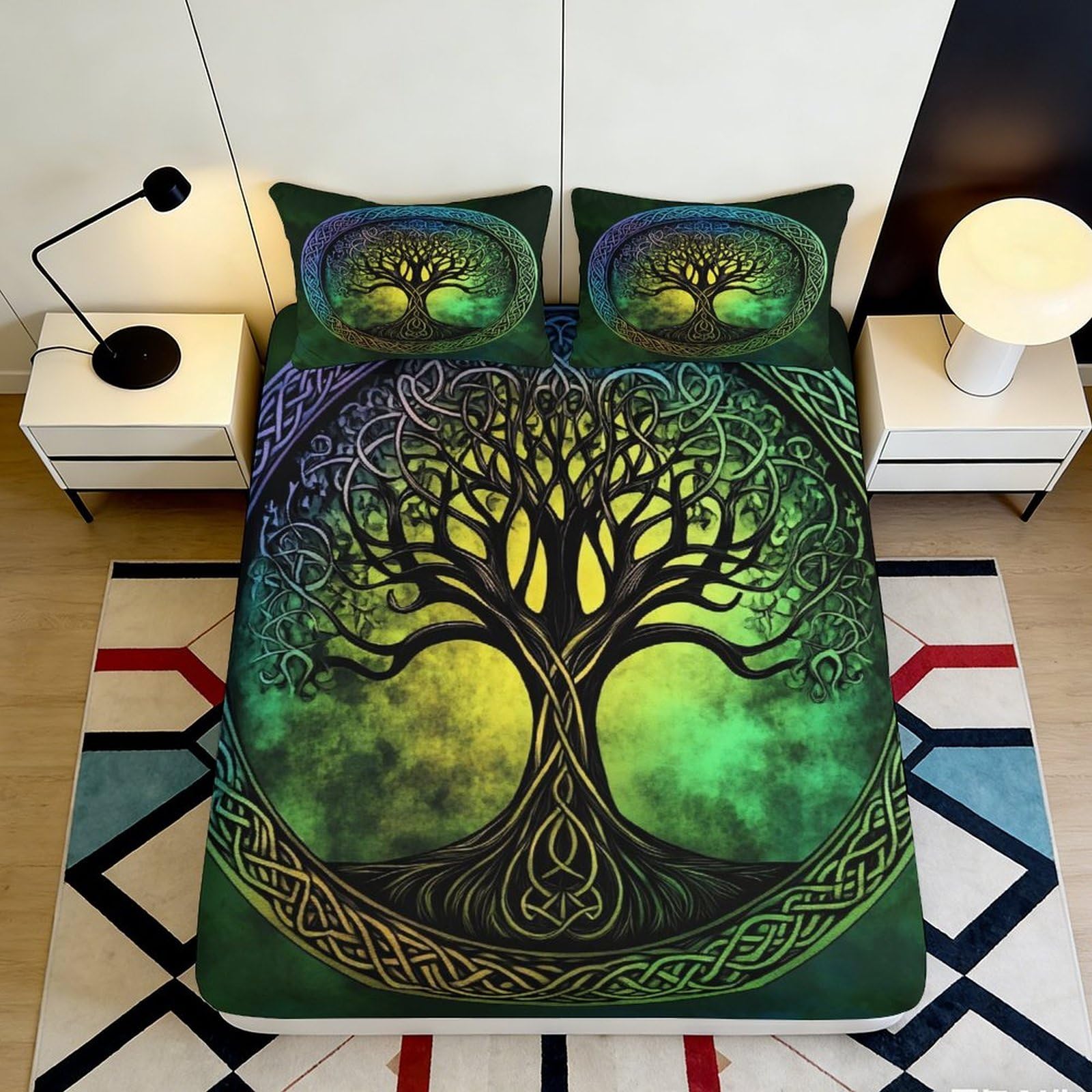 3D Printed Tree of Life Fitted Sheet Microfiber Soft Green Celtic Mattress Cover for Bedroom Dorm Mattress Protection Decor 90x200x25cm