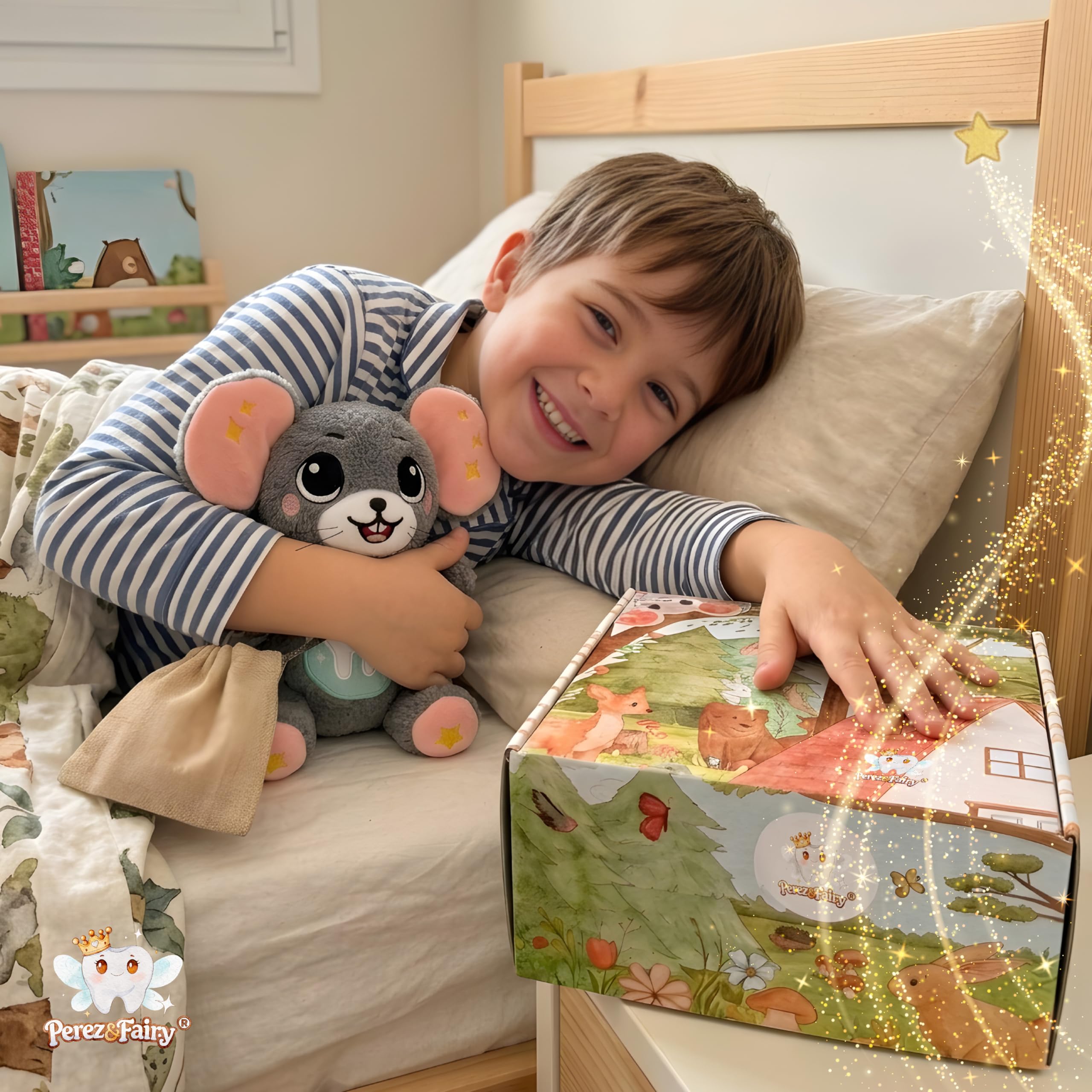 Perez&Fairy Puerta Ratoncito Perez que se Abre | Con Vinilo de Pared, Escalera de Madera y Peluche Raton Pequeño | Kit Casita Ratoncito Perez con Libro de Cuentos y Certificado | Regalo Niño y Niña