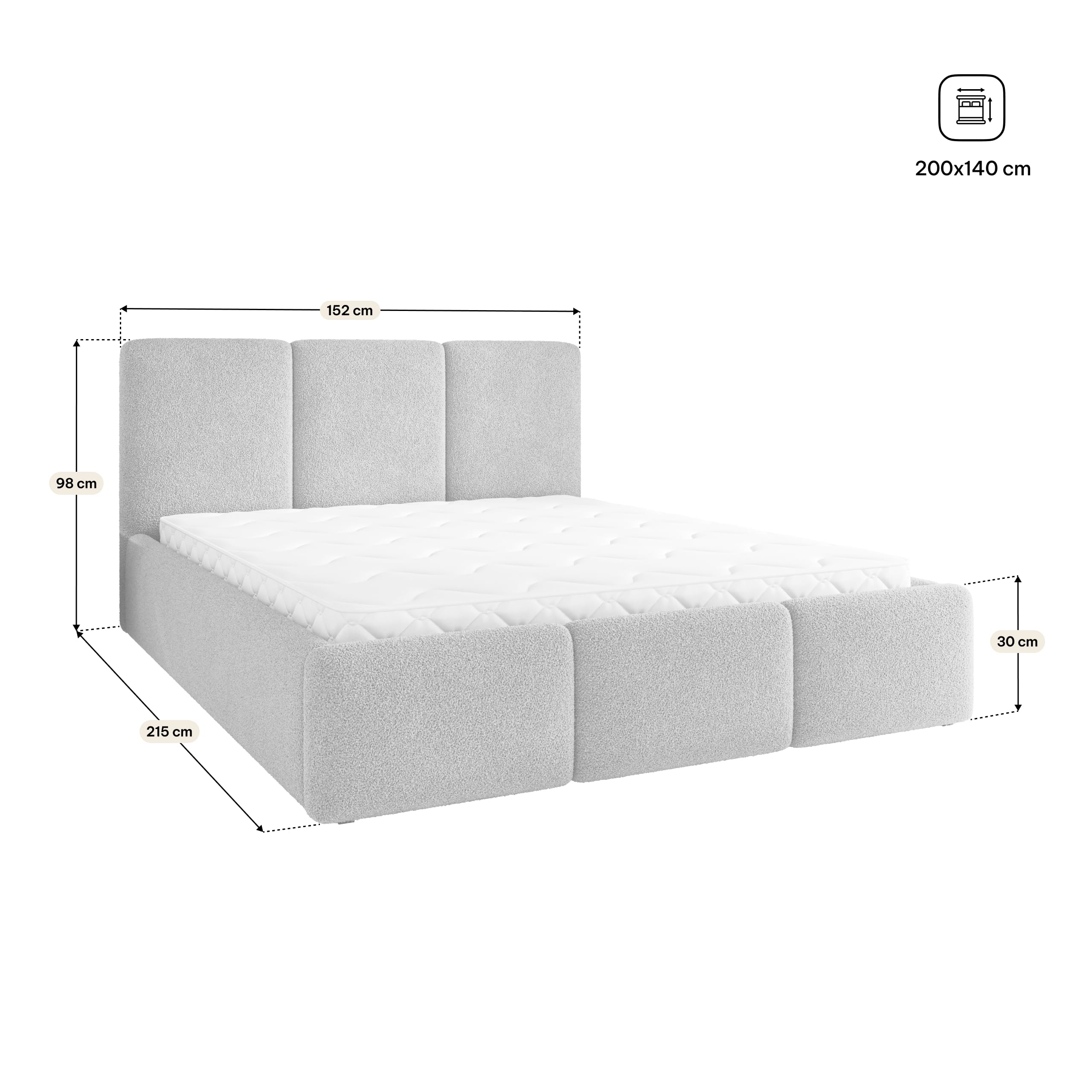 Masseno Łóżko tapicerowane MORENA Q 140x200 cm, Nowoczesny Podwójne łóżko z Pojemnikiem na pościel, Stelażem i Wezgłowiem - Beżowy QUELLE 05