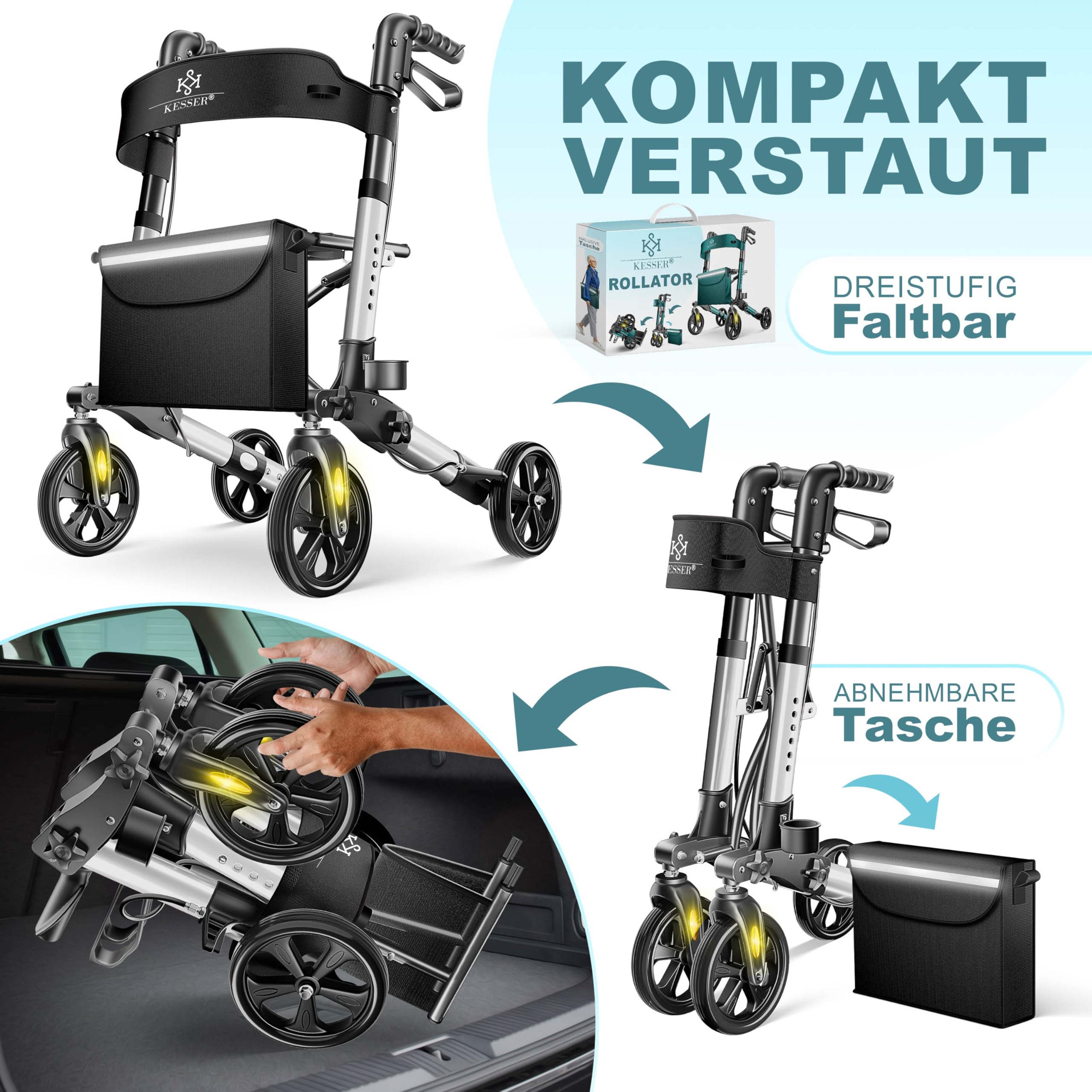 KESSER Leichtgewicht Rollator faltbar mit Sitz, Griff, Tasche, schmal für Senioren Wohnung, Klappbar, Höhenverstellbar, Reflektoren | All Gelände Reifen Indoor-& Outdoor, Gehhilfe, Laufhilfe, Schwarz