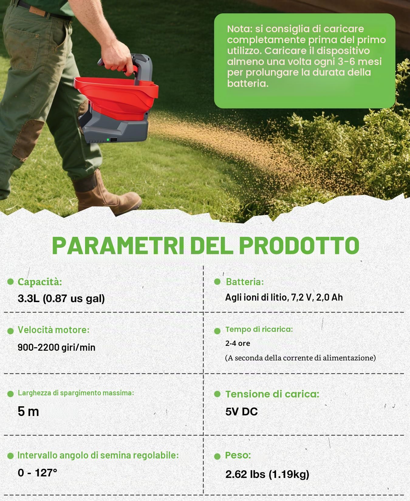 Shall Seminatrice Universale a Batteria Ricaricabile, spandiconcime Elettrico da 7,2 V, Adatto per la salatura Stradale, la rimozione della Neve e la Semina, Batteria e caricabatteria Inclusi