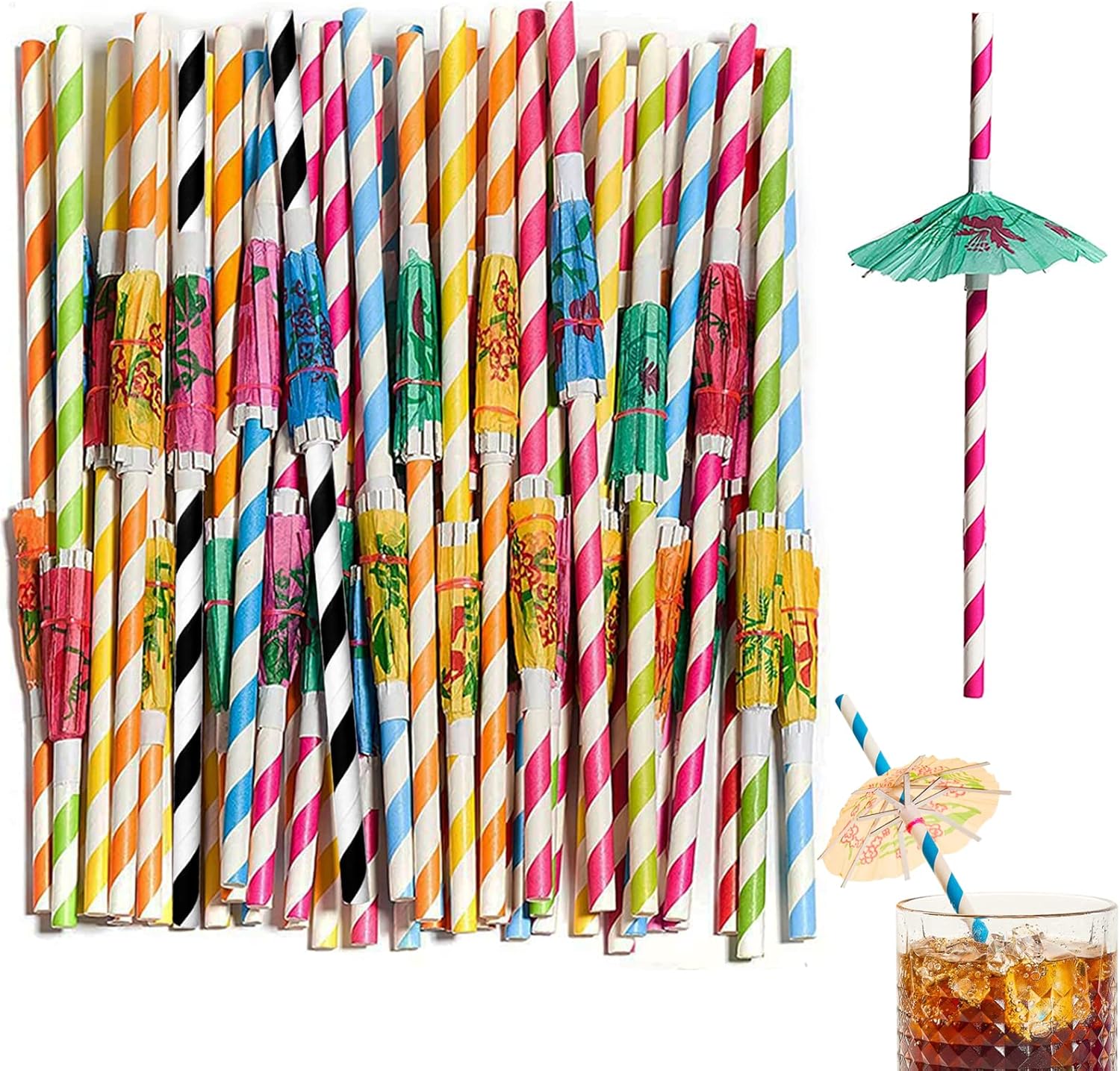 Cocktail Schirmchen Strohhalme 100 Stück - Bunte Party Strohhalme Mit Deko