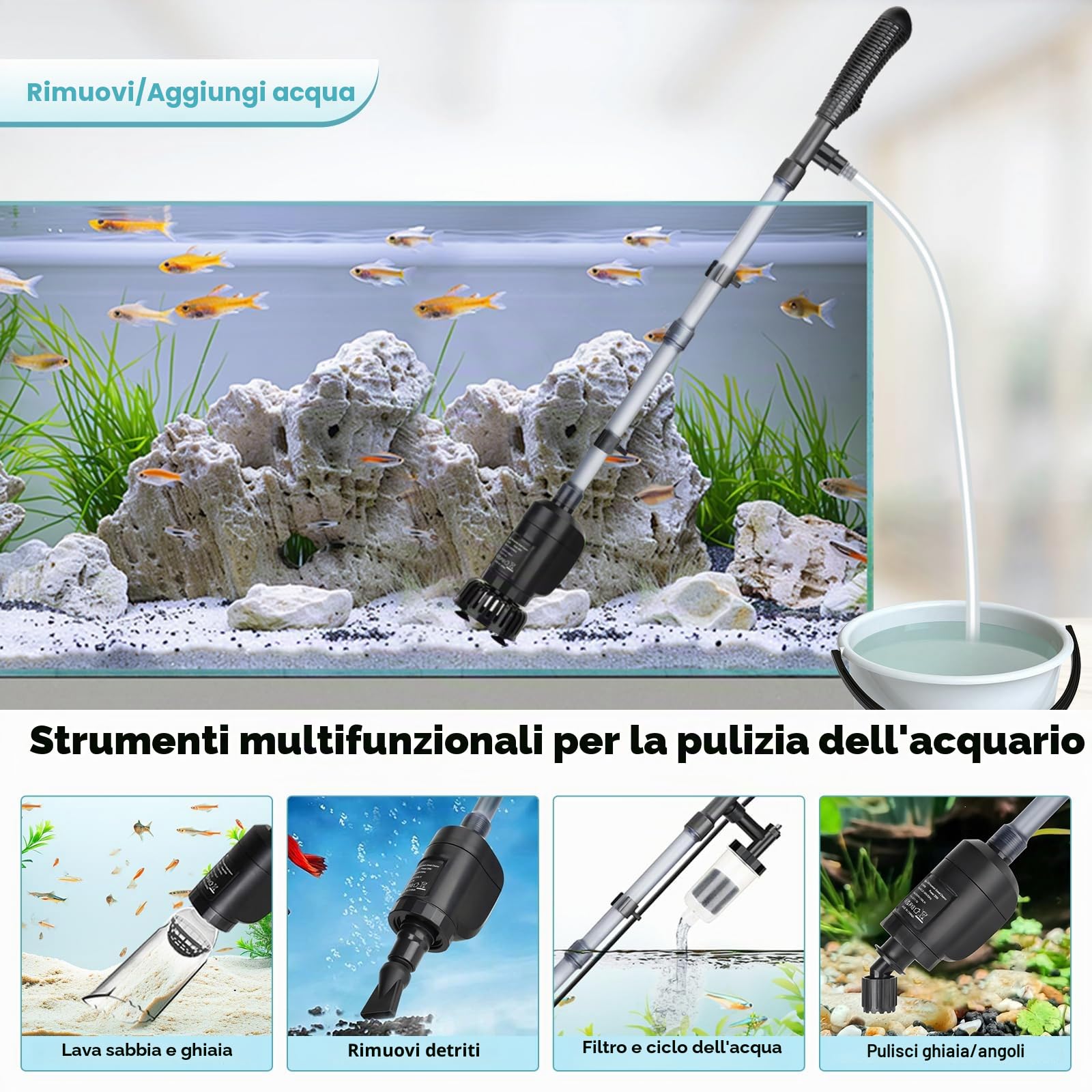 AQQA Pulitore automatico per ghiaia per acquario, 6 in 1, kit di pulizia automatico per acquario, 20 W, aspiratore per ghiaia, per lavare sabbia, acqua, doccia e circolazione dell'acqua