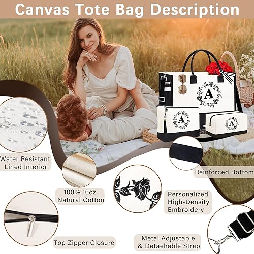 Miniatura 3 de Adyoung - Bolsas de mano con monograma, 3 bolsas de mano personalizadas con iniciales para mujeres, regalos de cumpleaños, bolsa de lona con letras