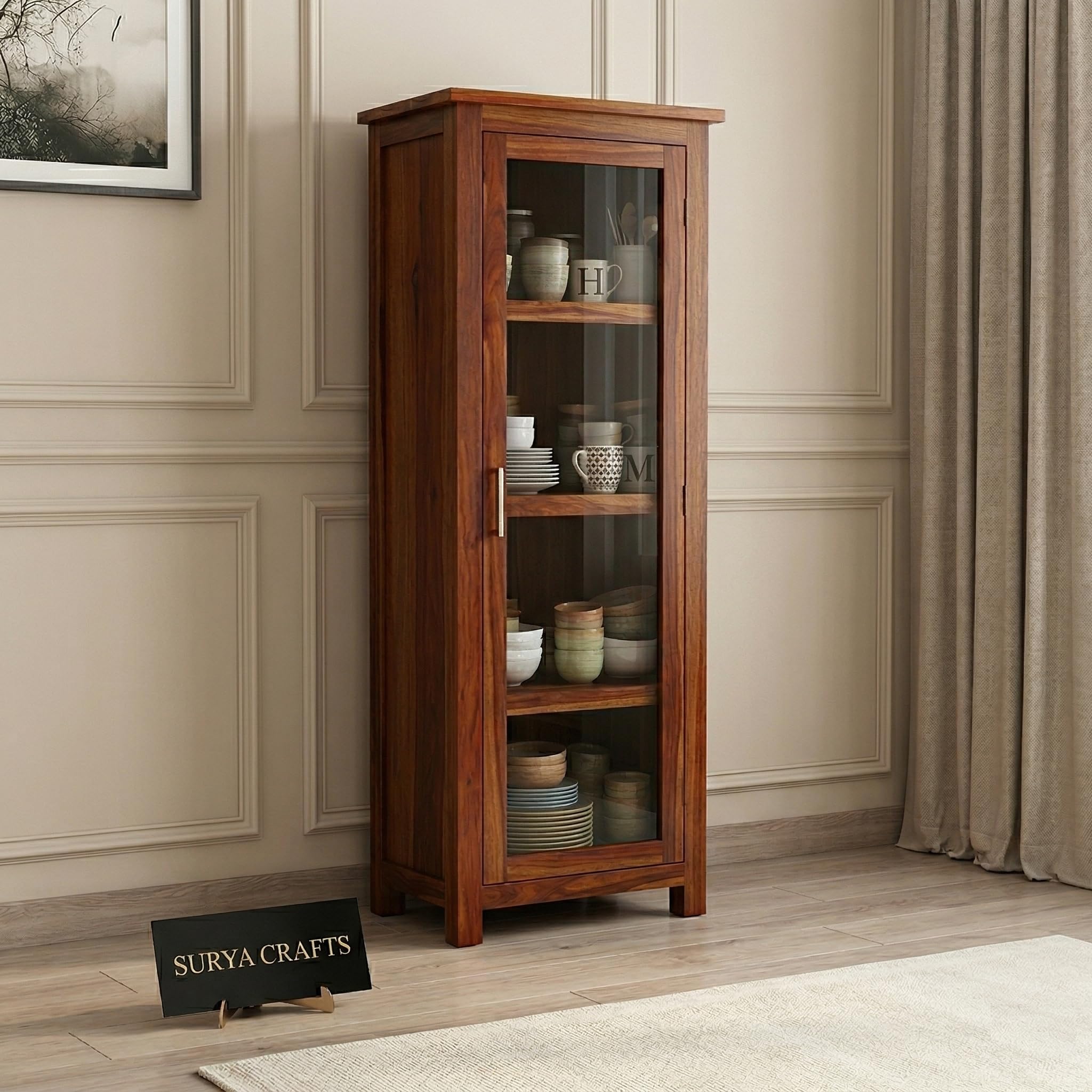 Premium Solid Sheesham Wood Tall Crockery Cabinet | Single Glass Door Display Unit & Bookshelf with 4 Shelves for Living Room, Kitchen & Dining Room | Honey Finish-picture-20