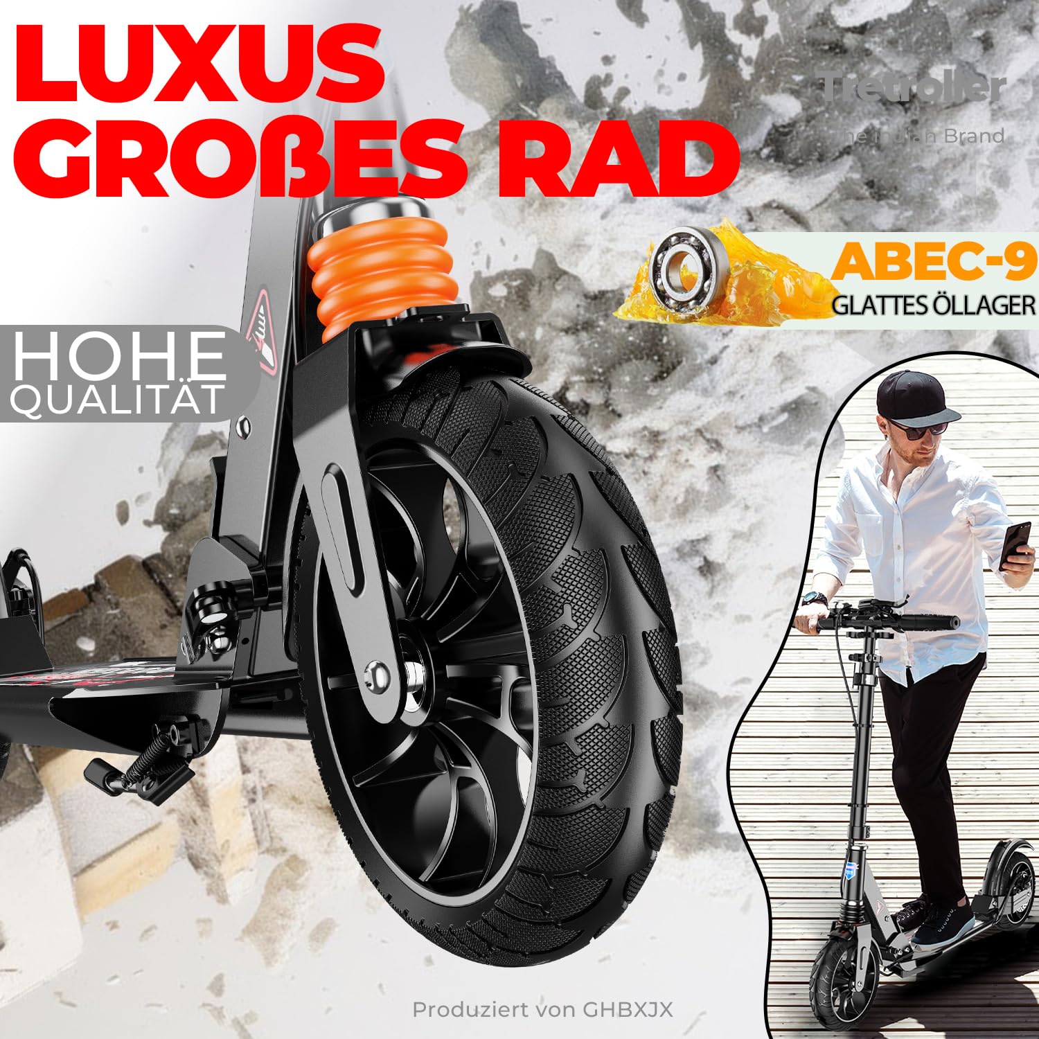 Cityroller Roller für Erwachsene bis 150kg Verstellbar Scooter Robuste Konstruktion 230mm Räder Stoßdämpfende ShockResist-Technologie Hinterradbremse rutschfest ABEC 9