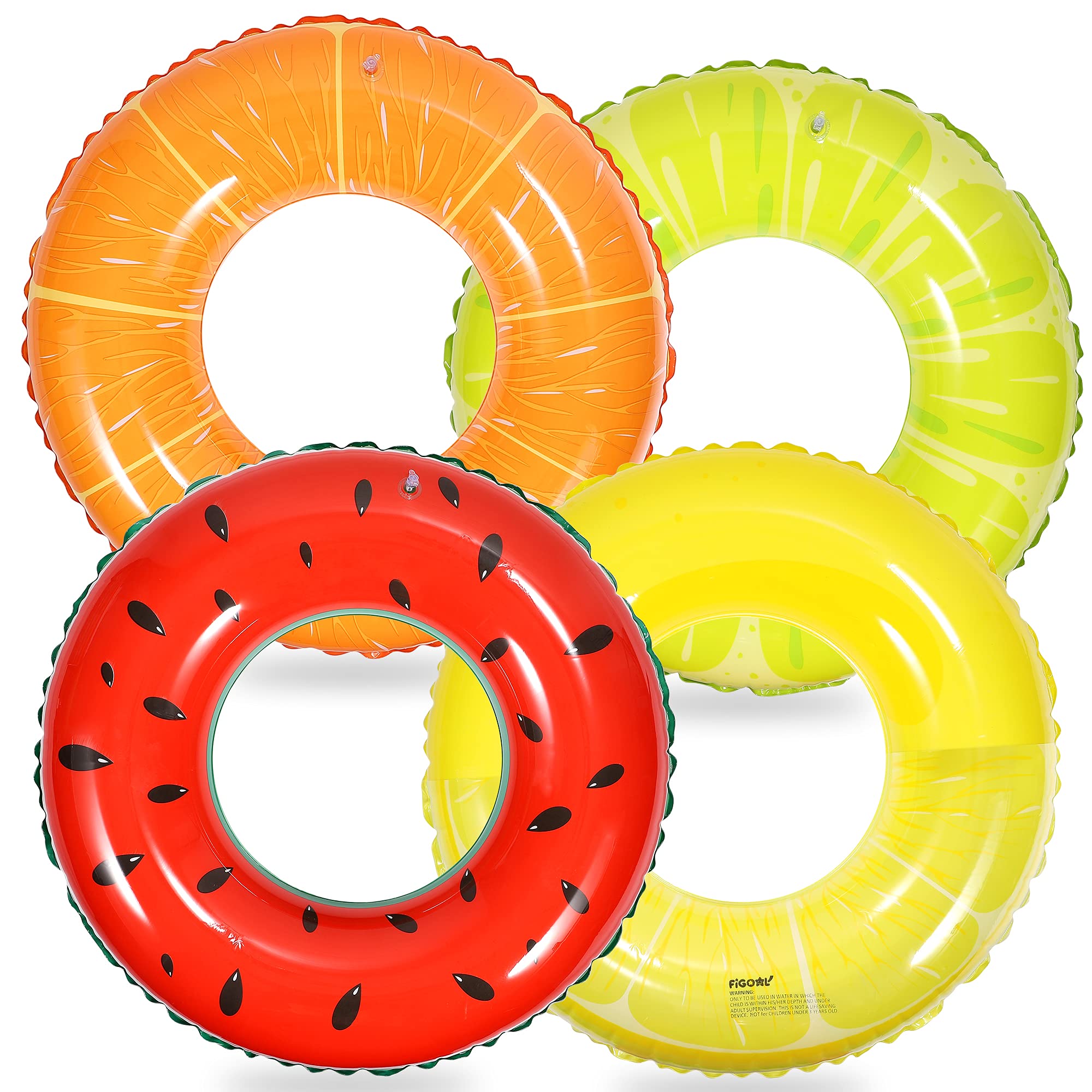 FiGoal 4 Pack Summer Swimming Float with Watermelon, Lime, Orange and Semi Circle Lemon Swimming Pool Ring Funny Pool Tube Toys for Summer Water Parties Outdoor Water Activities Surf Board